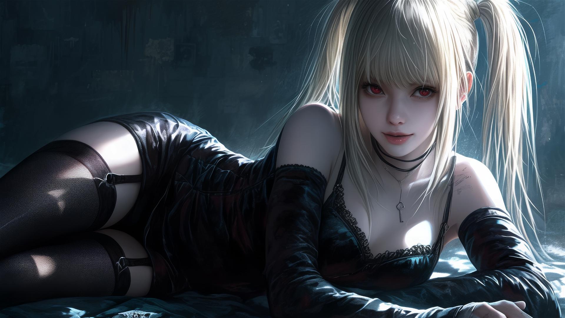 Isolated Misa Amane from Death Note on a dark background, red eyes, dynamic pose, and spotlight effect.
