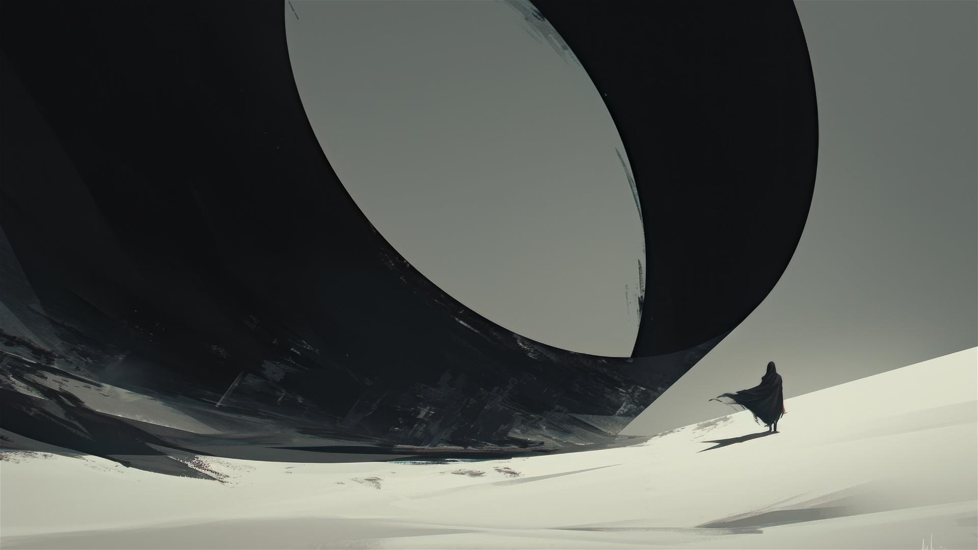Eclipse casting shadows over a desolate desert with gray to black sky gradient