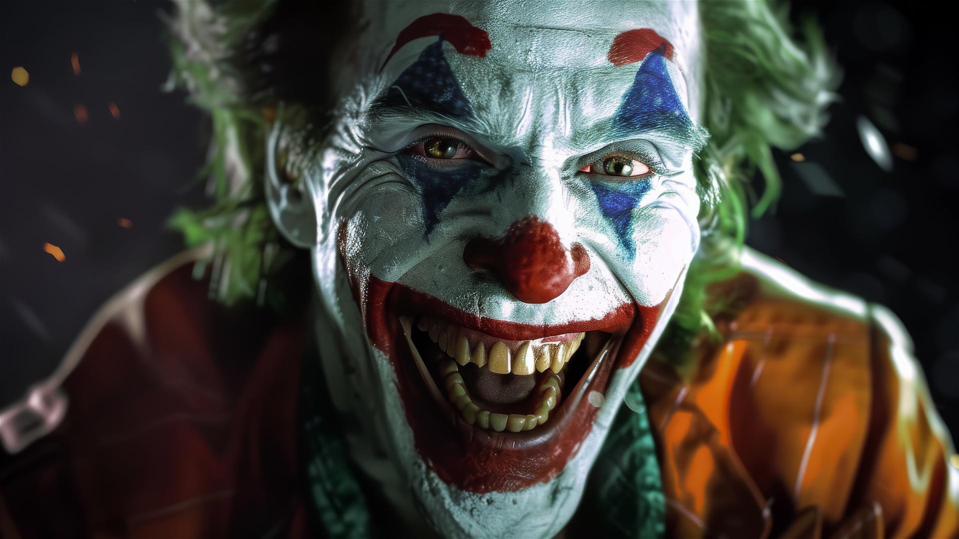 Ultra-realistic photo of the Joker laughing with cinematic lighting and a light black background.