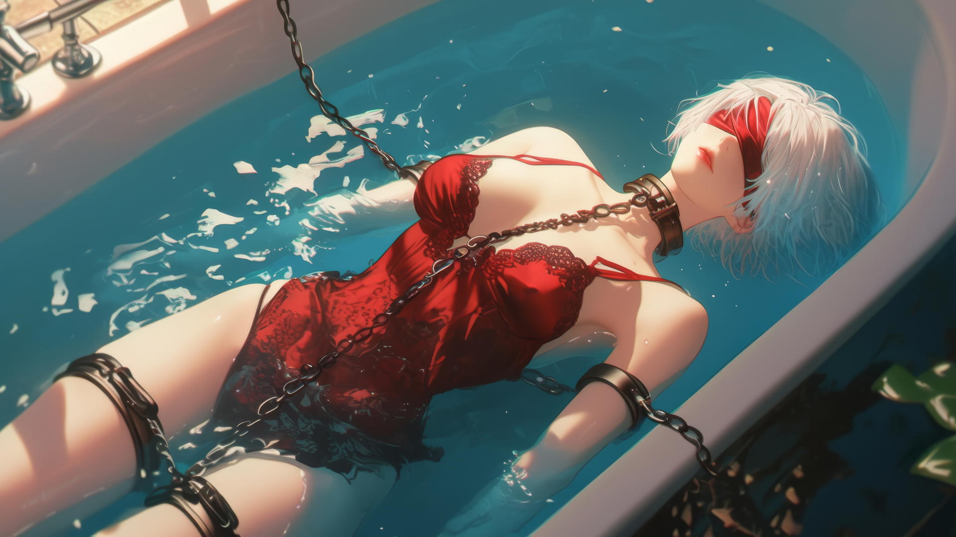2B from Nier with iron chain around neck in modern apartment tub, warm glow
