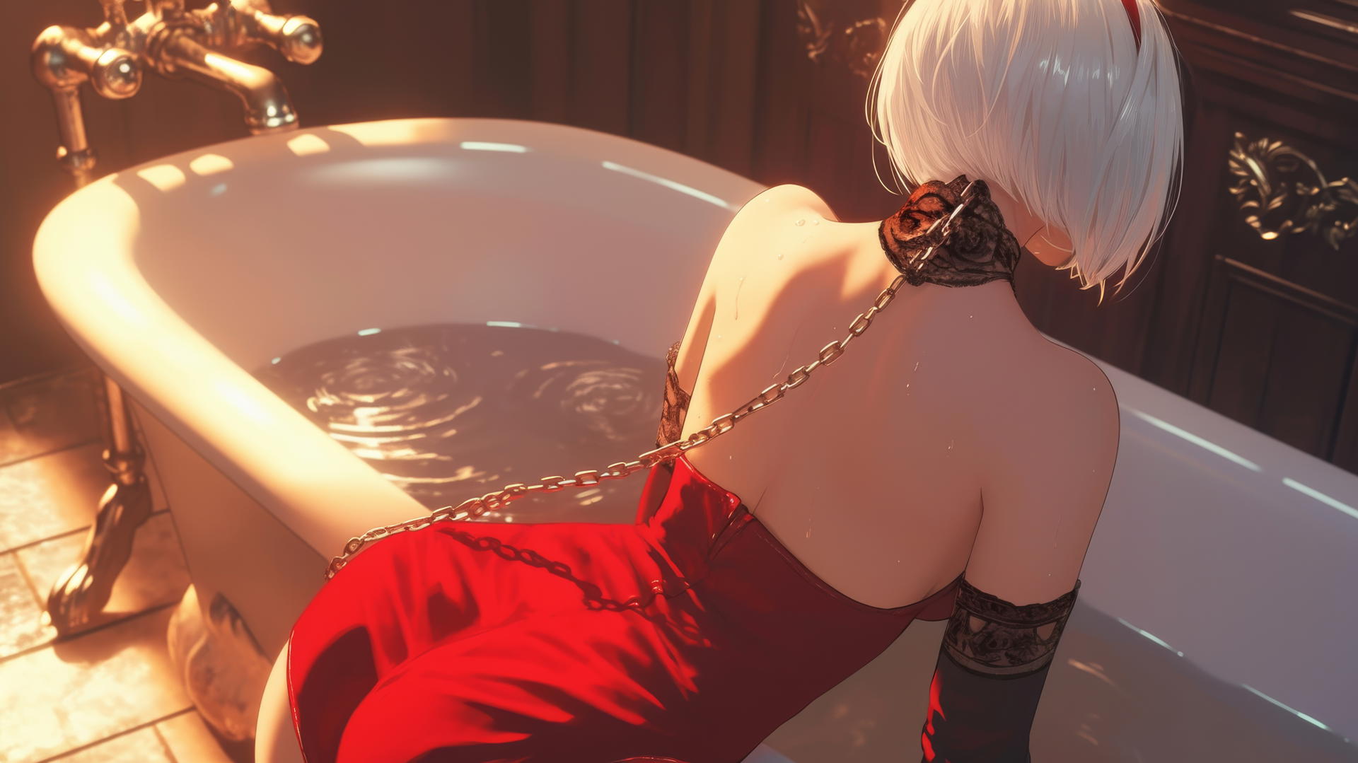 2B from Nier in red outfit, neck locked with iron chains, at modern apartment tub with warm soft glow.