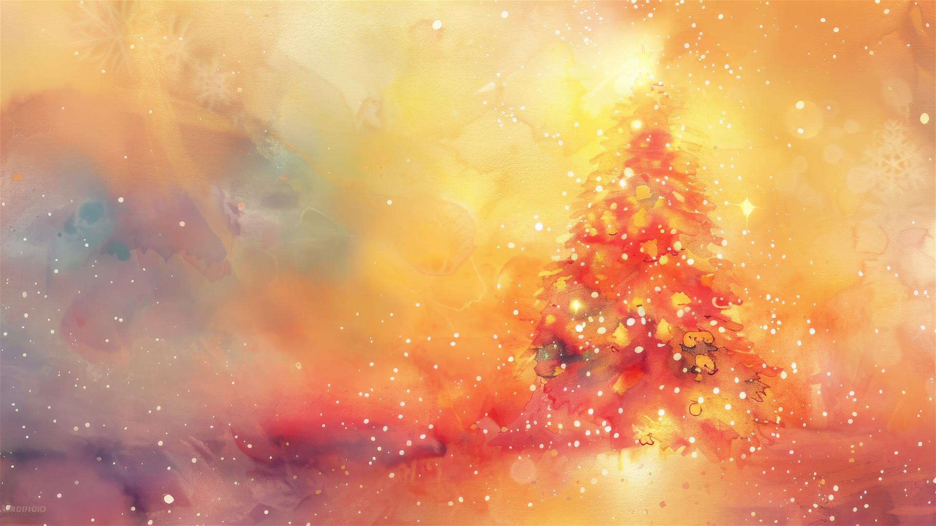 Abstract watercolor Christmas tree with bright light and festive mood