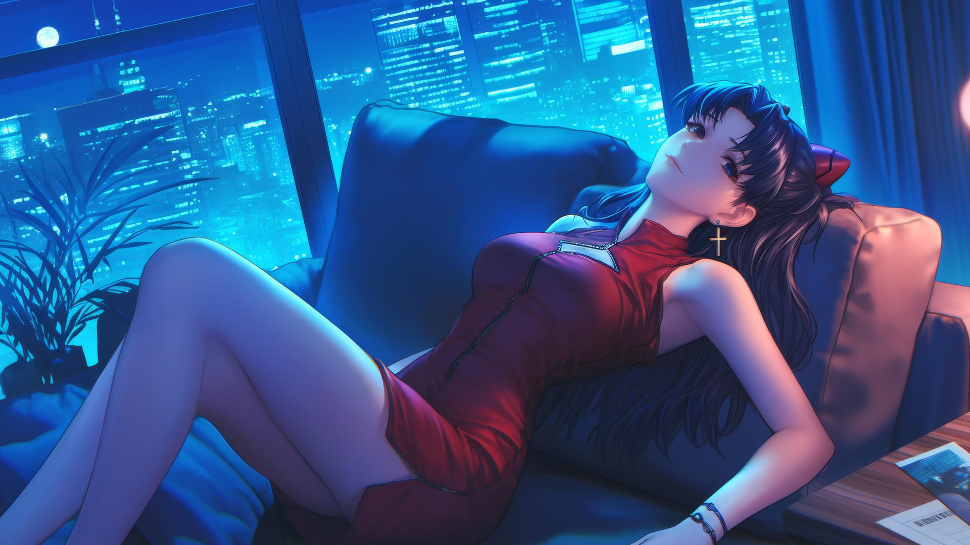 Misato Katsuragi from Neon Genesis Evangelion resting in a modern hotel room with moonlight on her.