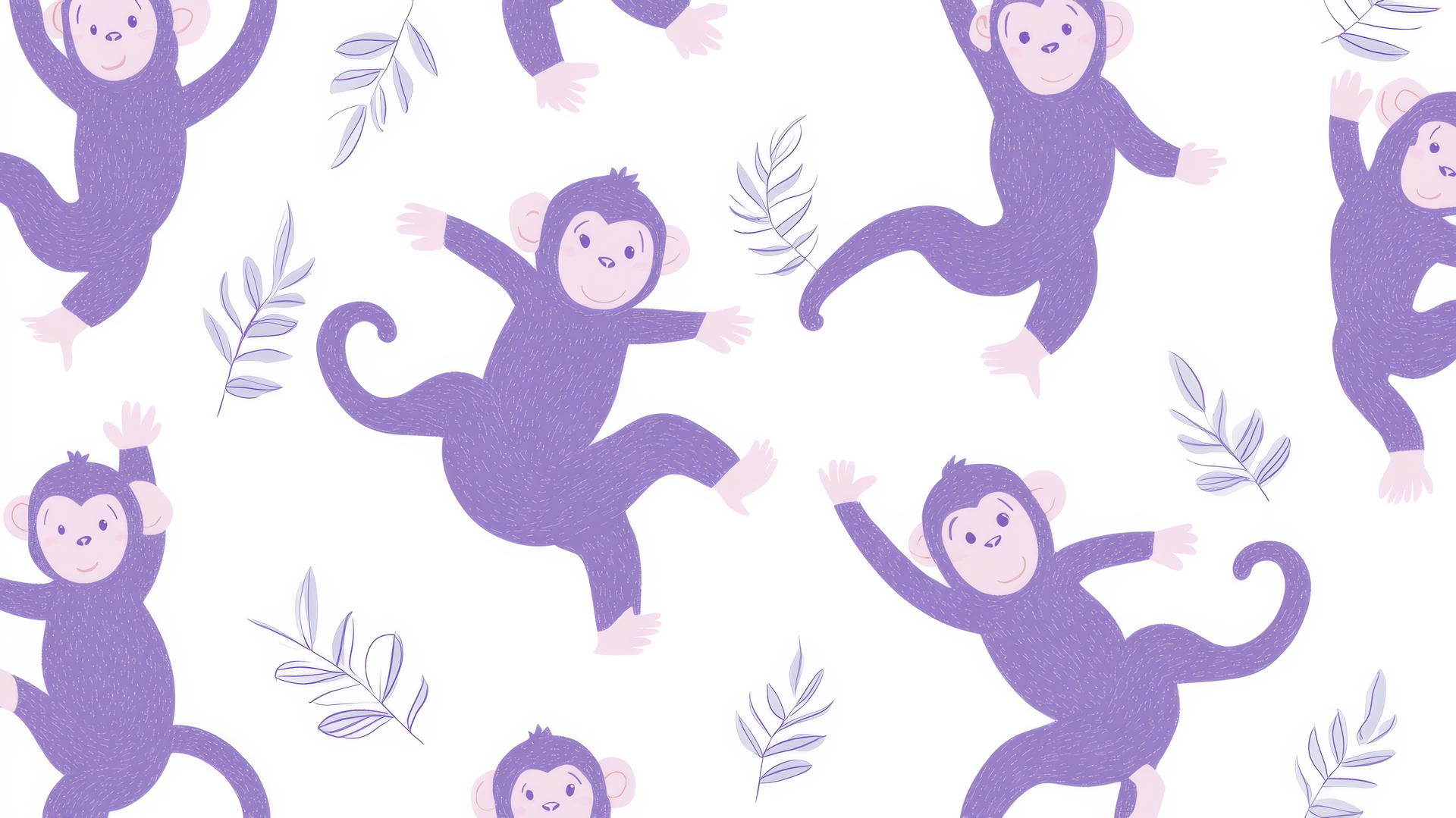 Preppy wallpaper with light purple cartoon monkeys dancing on a white background