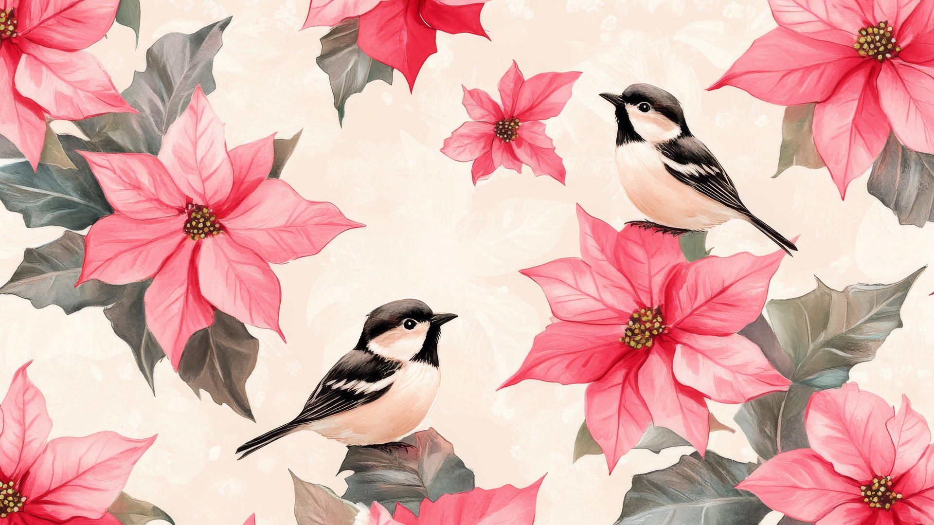 Preppy winter wallpaper pattern with pink poinsettias and tiny birds