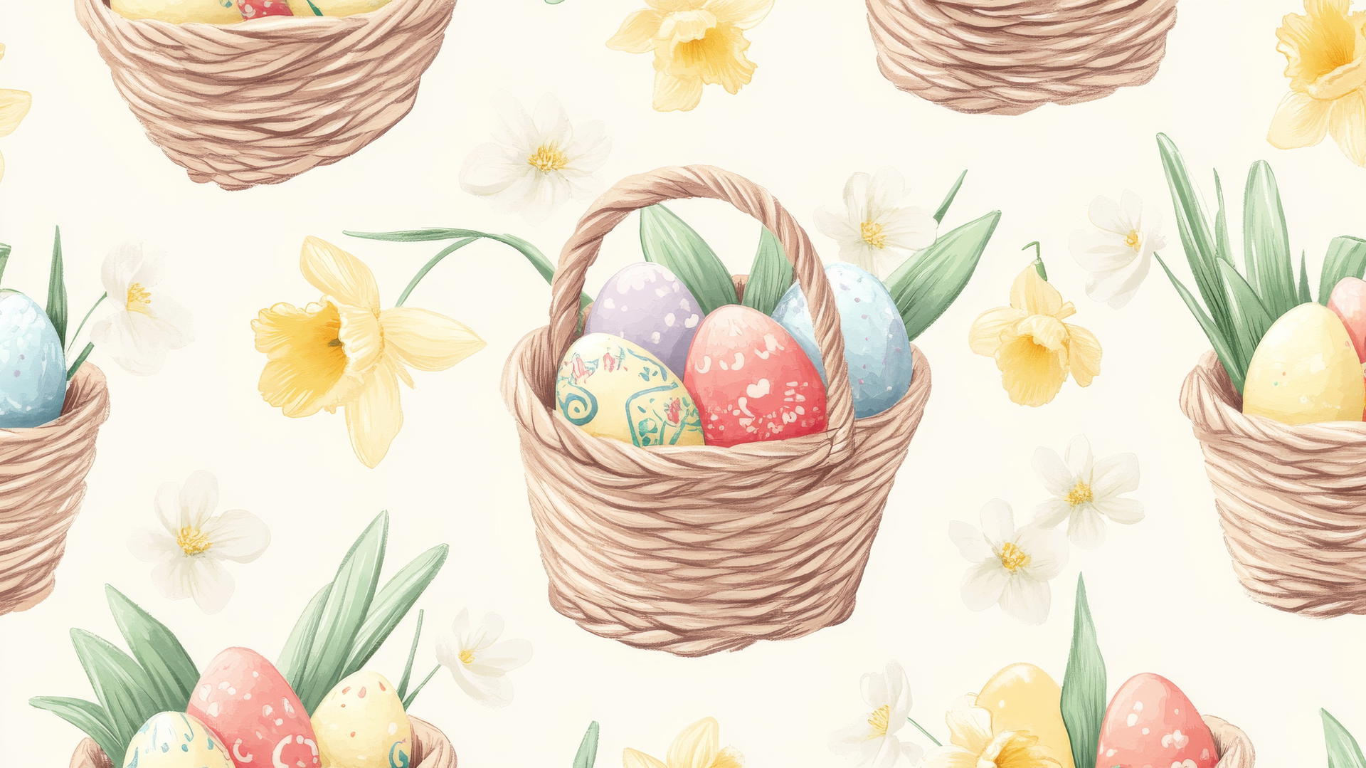 Preppy Easter wallpaper with stylish baskets, colorful eggs, blooming tulips, and daffodils.