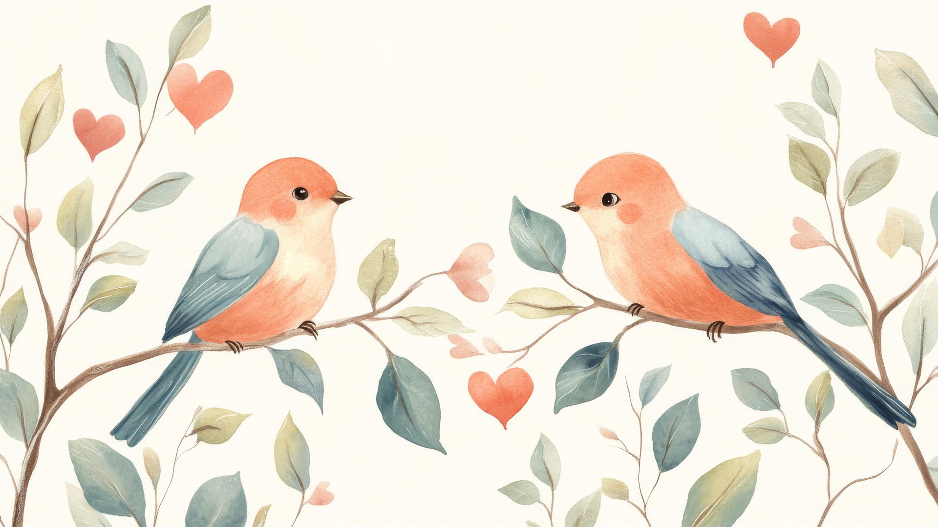 preppy valentines wallpaper with lovebirds on heart-shaped leaf branches in pastel colors