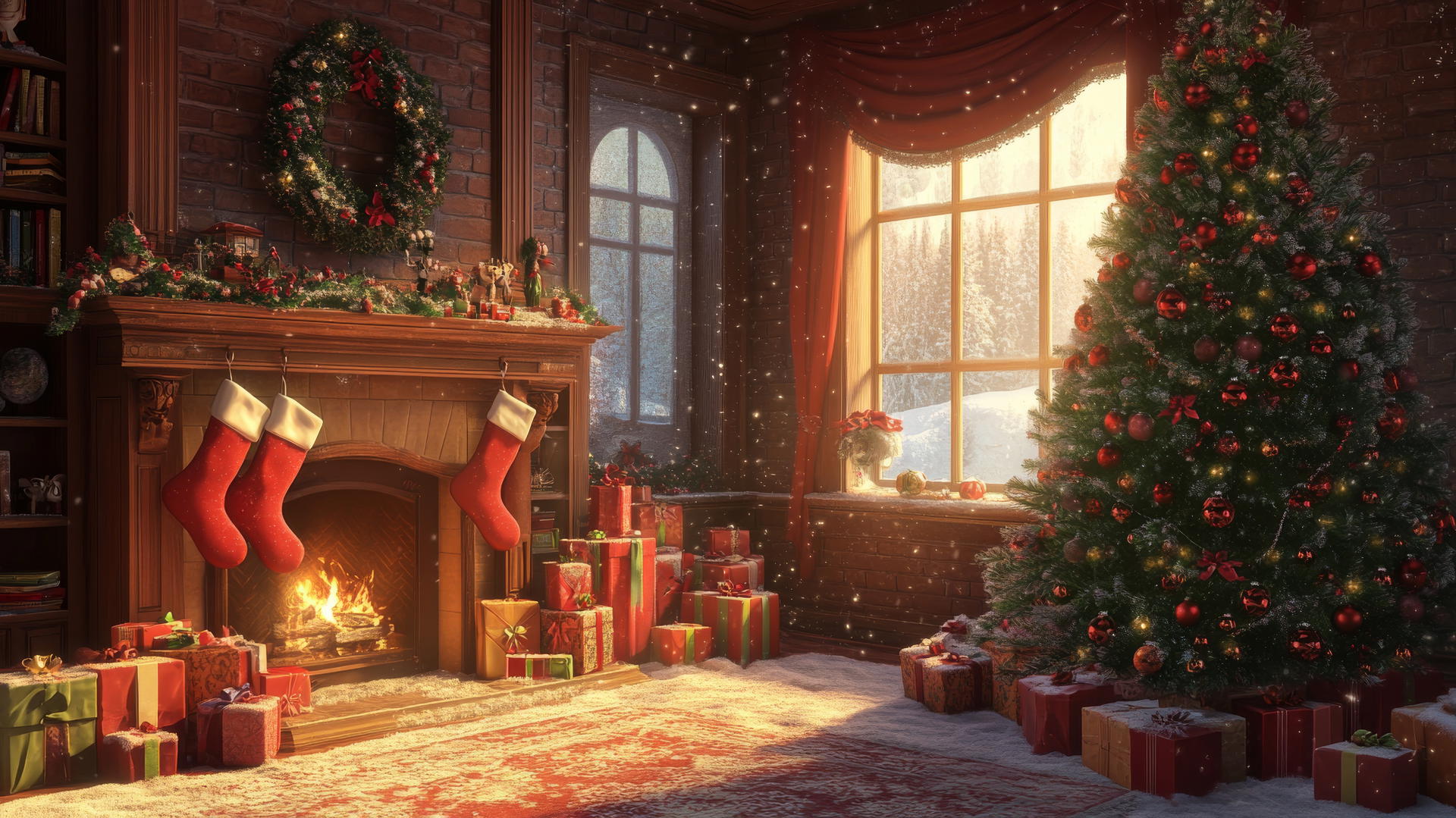cute wallpapers for Christmas with a decorated tree, presents, and cozy fireplace