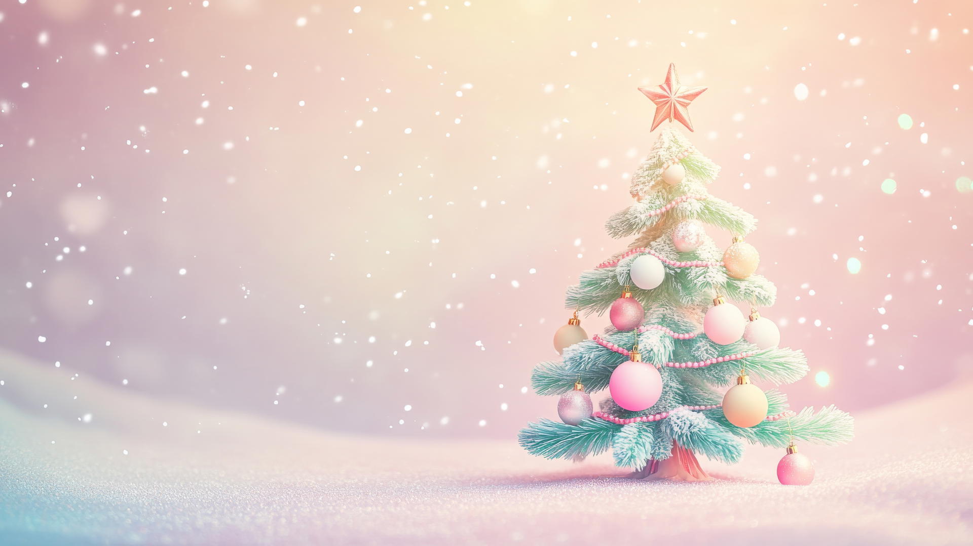 cute wallpapers for christmas with a cartoon Christmas tree, pastel ornaments, and snowy background
