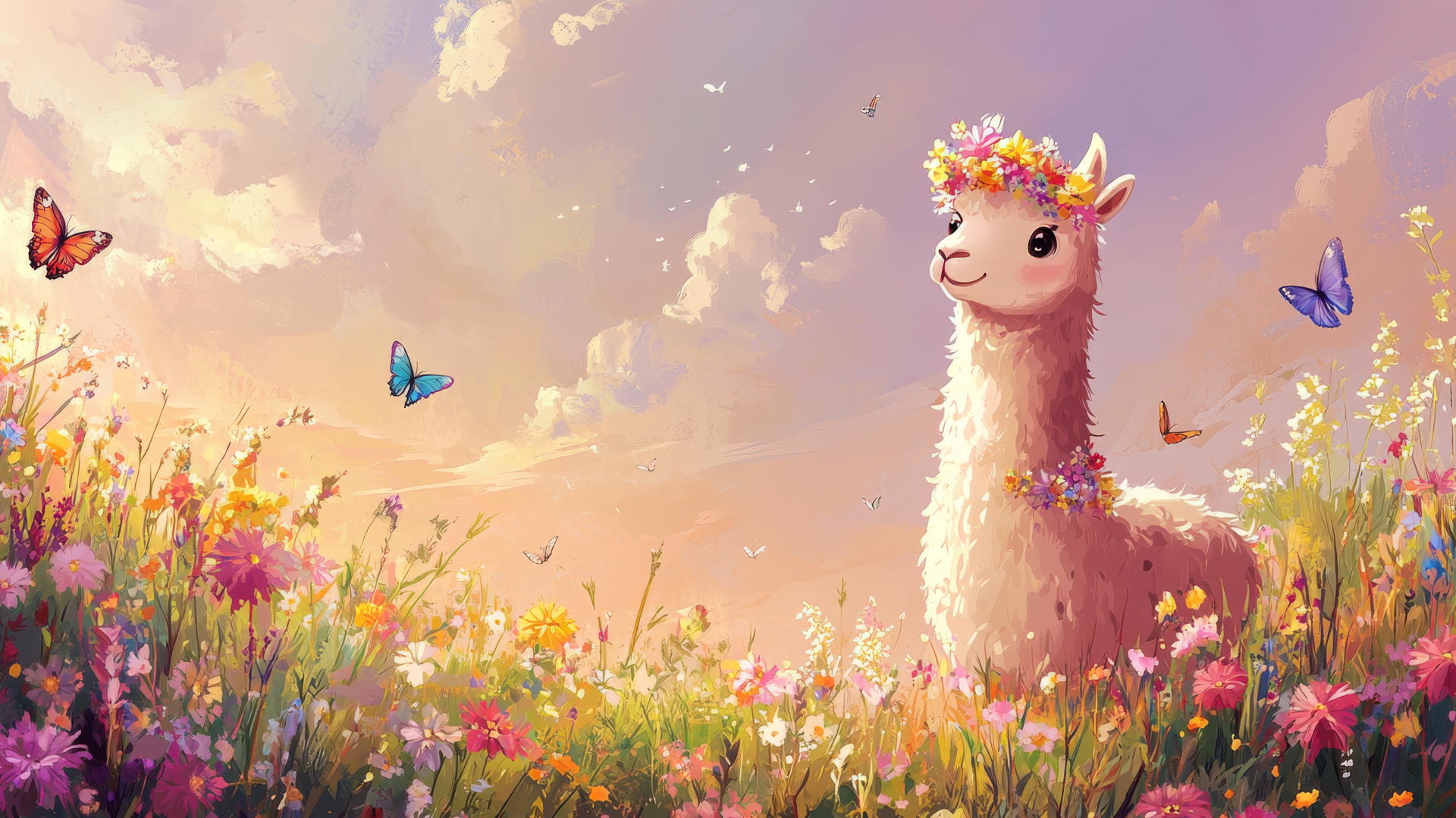 popular cute wallpapers for girls, cartoon alpaca with flower crown in wildflowers
