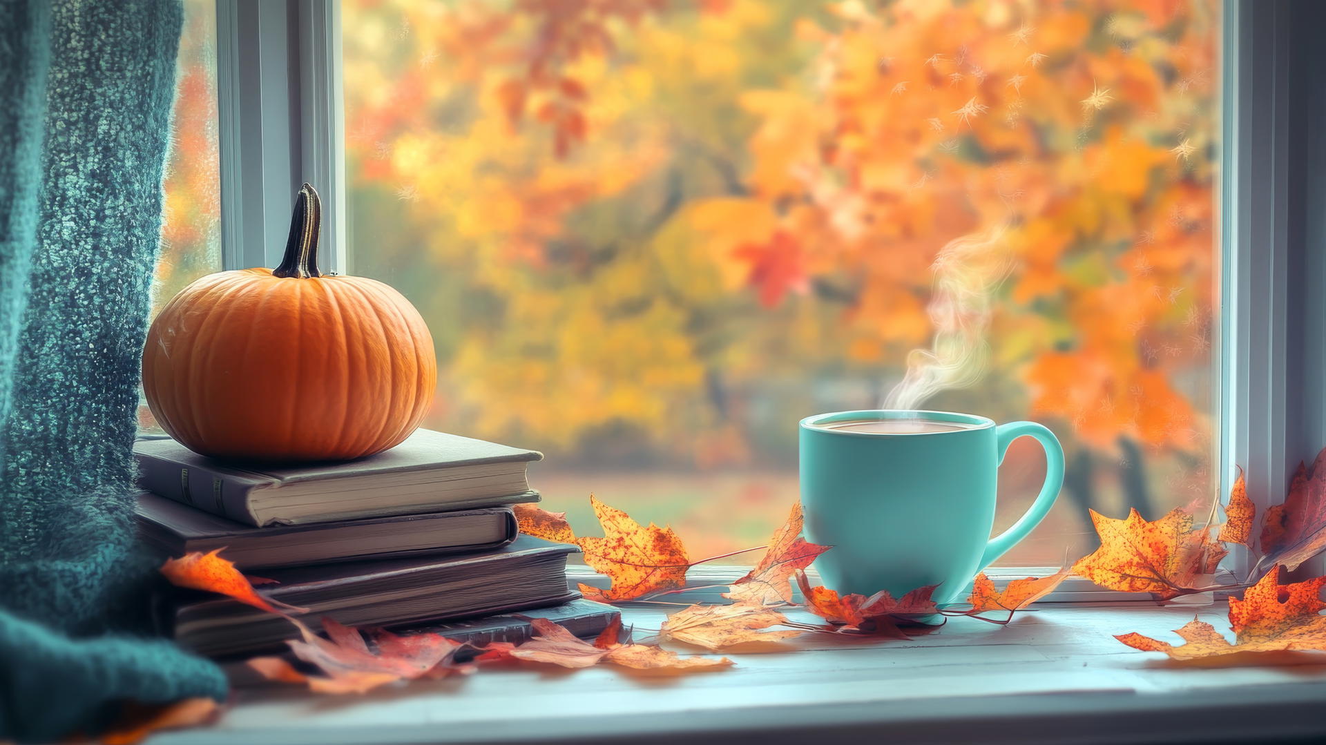 Cute fall aesthetic wallpaper with a pastel mug, books, pumpkin, and colorful leaves.