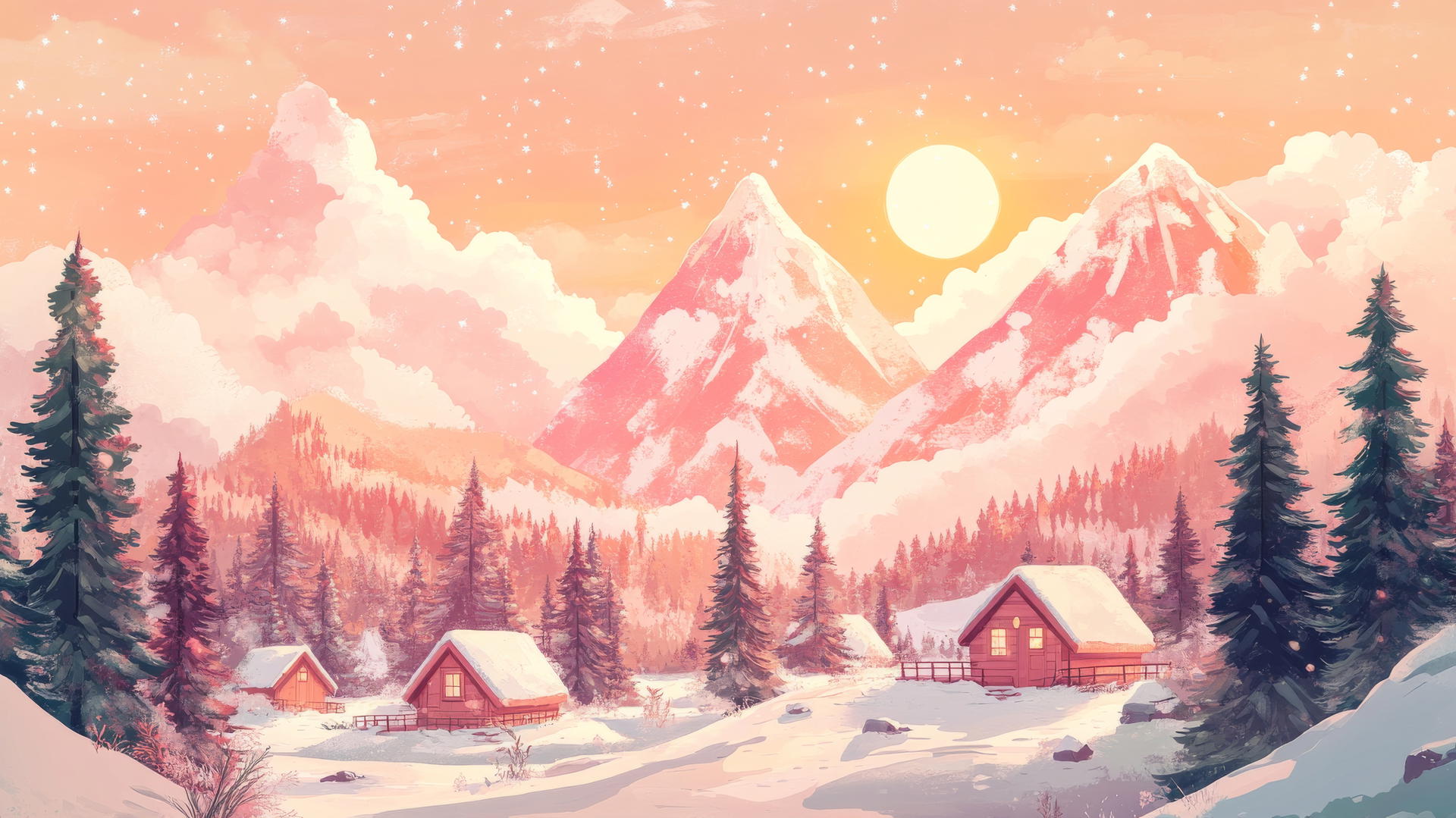 cute wallpapers aesthetic with pastel mountain landscape, cabins, pine trees, fluffy clouds, sunset, and sparkles