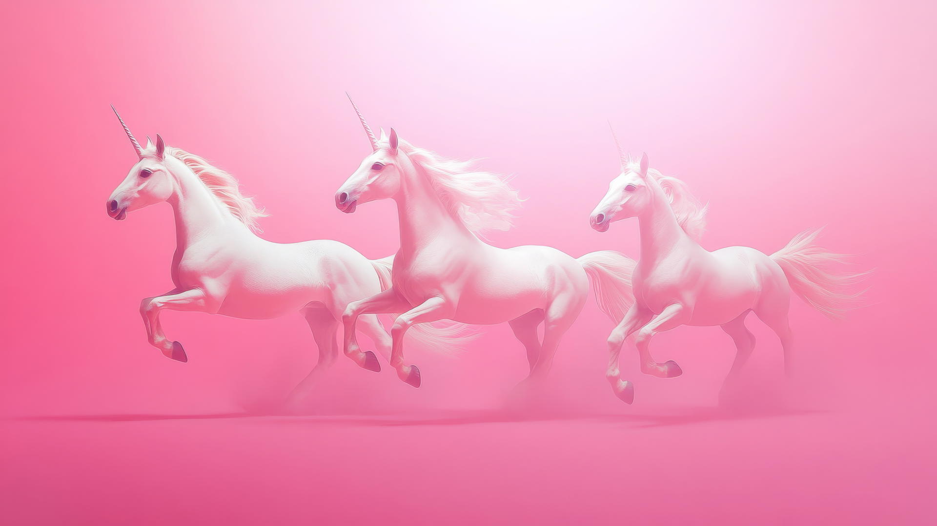 Cute hot pink wallpaper with tiny unicorns prancing on a gradient background.