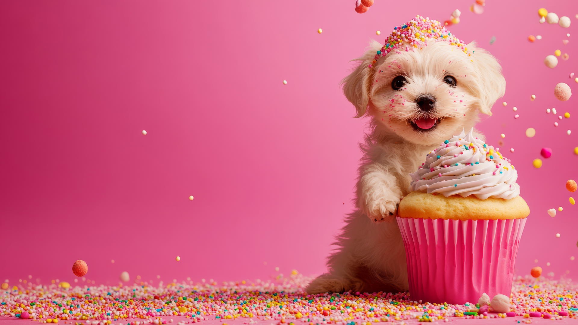 Pink cute puppy wallpaper with bright pink background, puppy next to giant cupcake.