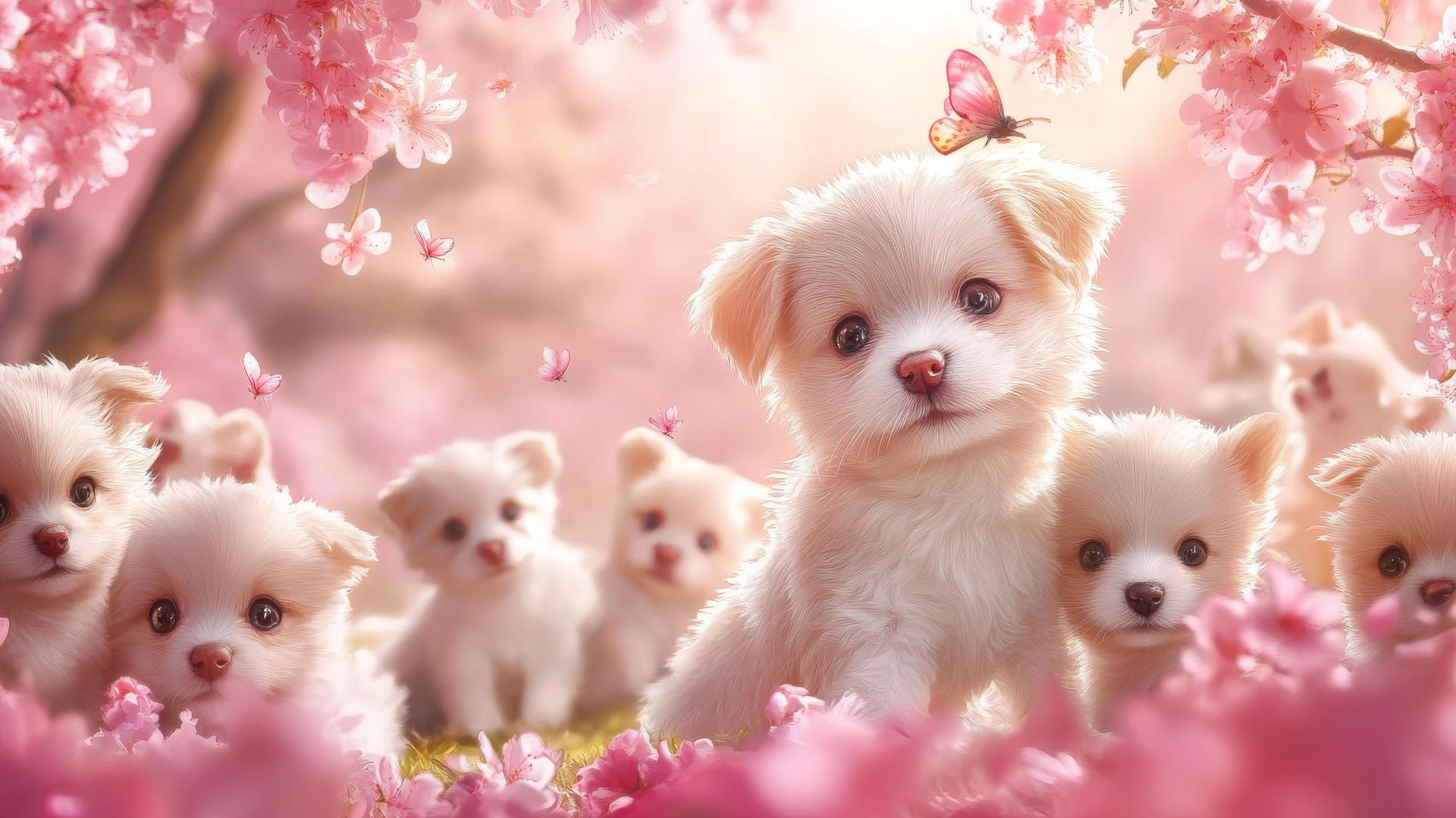 pink cute puppy wallpaper, lively puppies playing in park with pastel flowers