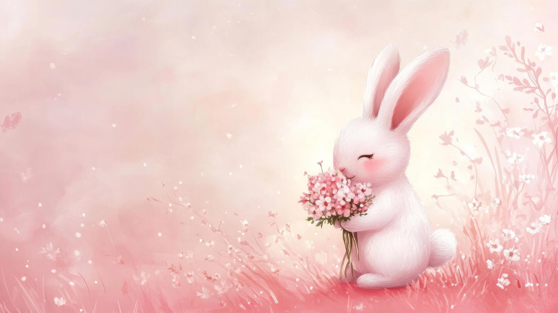 pink wallpaper cute rabbit with bouquet in soft, sweet atmosphere
