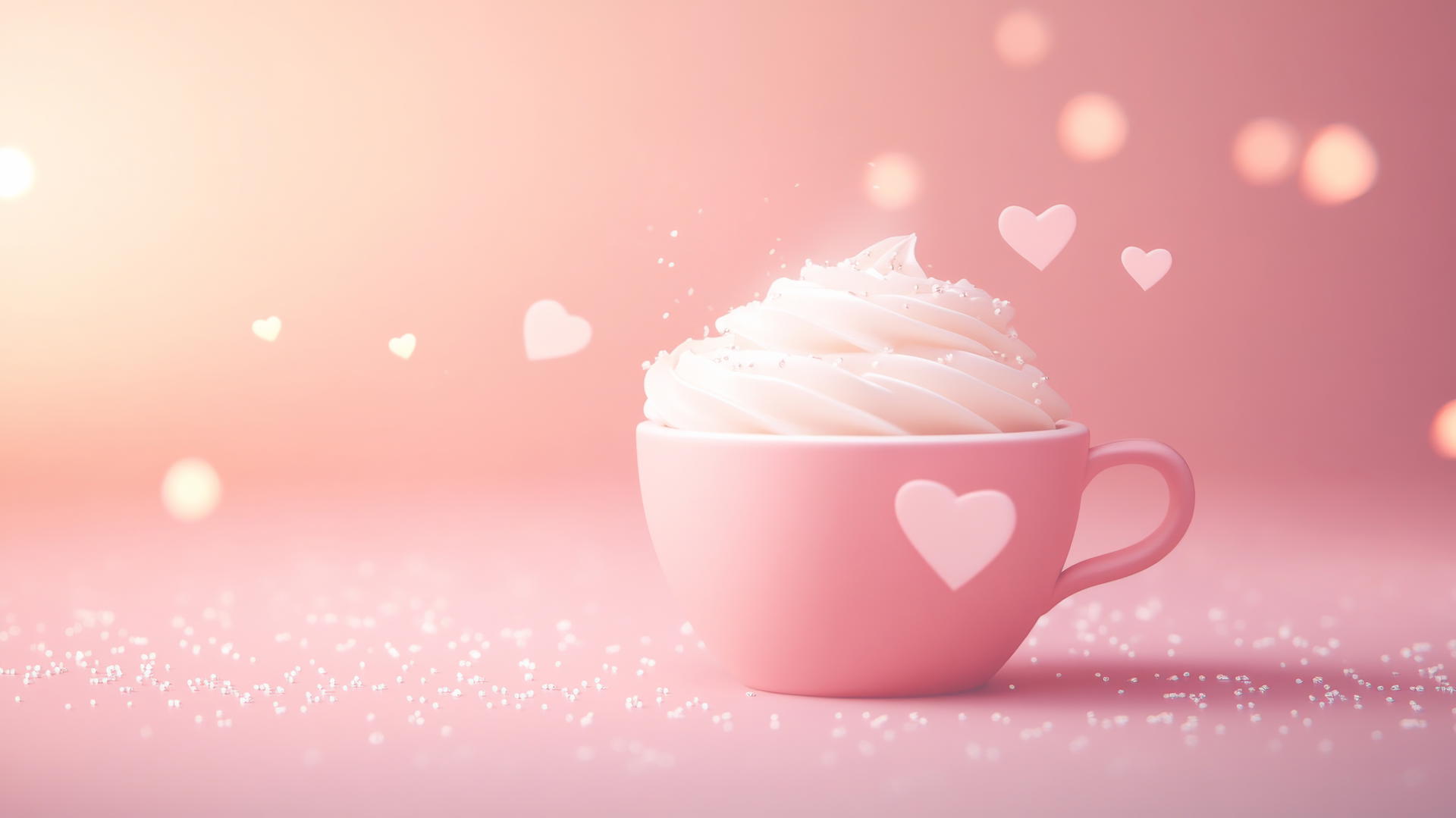 cute pink aesthetic wallpaper with cozy coffee cup and tiny hearts
