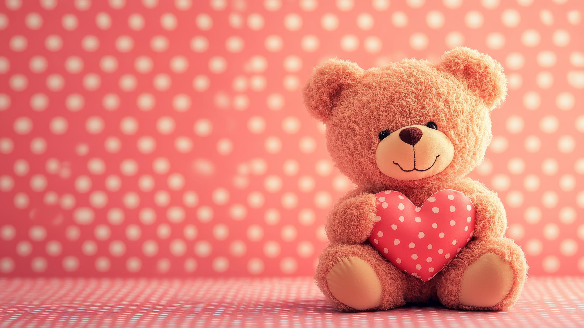 pink cute wallpaper with teddy bear holding heart on pink polka-dotted background