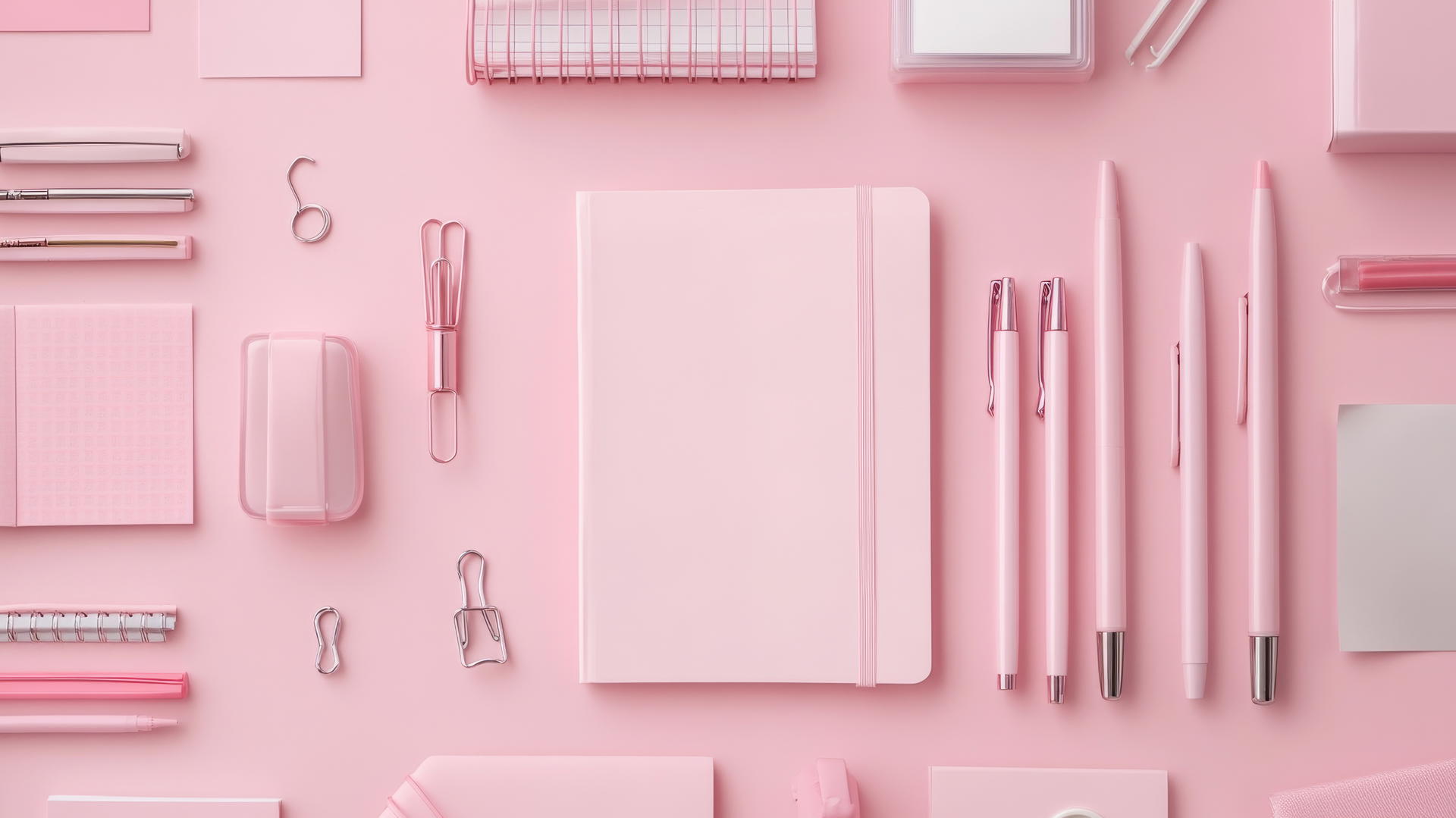 pink wallpaper aesthetic with neatly arranged pink-themed stationery on pink background