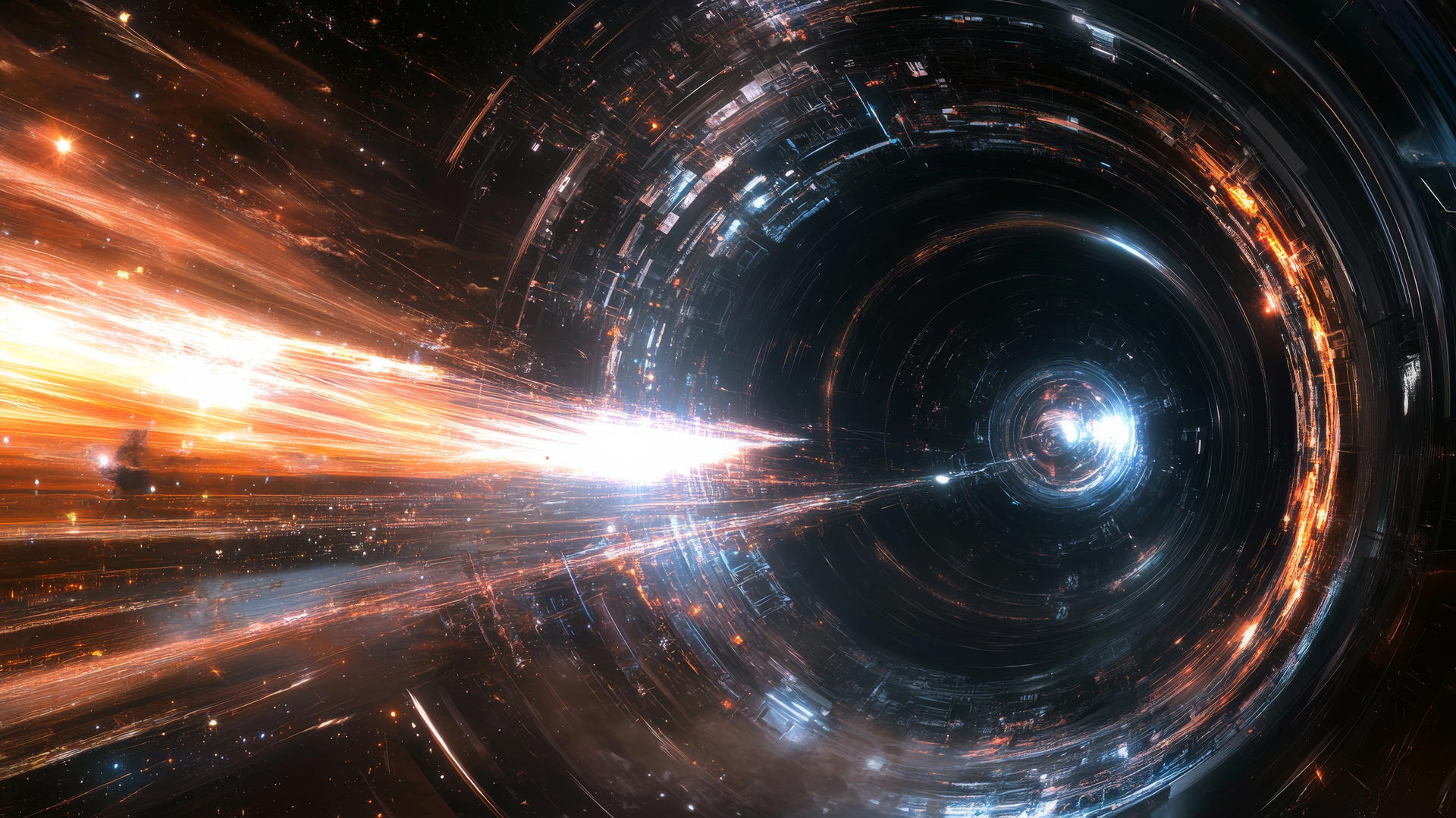 Futuristic black hole wallpaper with a space station near a black hole emitting energy beams