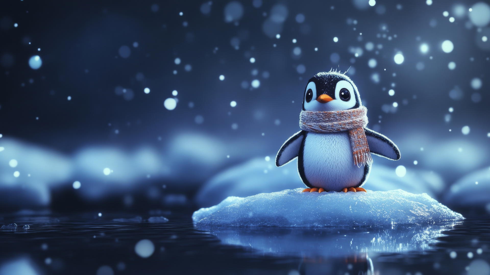 black cute wallpaper with a tiny cartoon penguin wearing a scarf on an ice floe under a starry sky