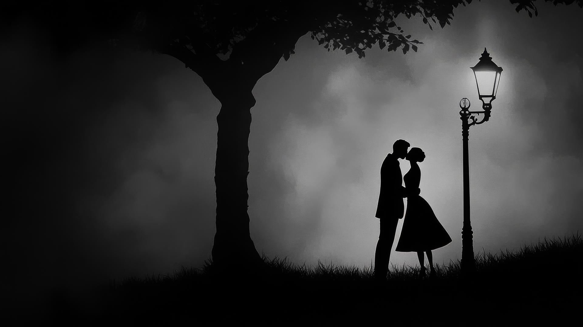 black and white aesthetic wallpaper of a couple kissing under a streetlamp