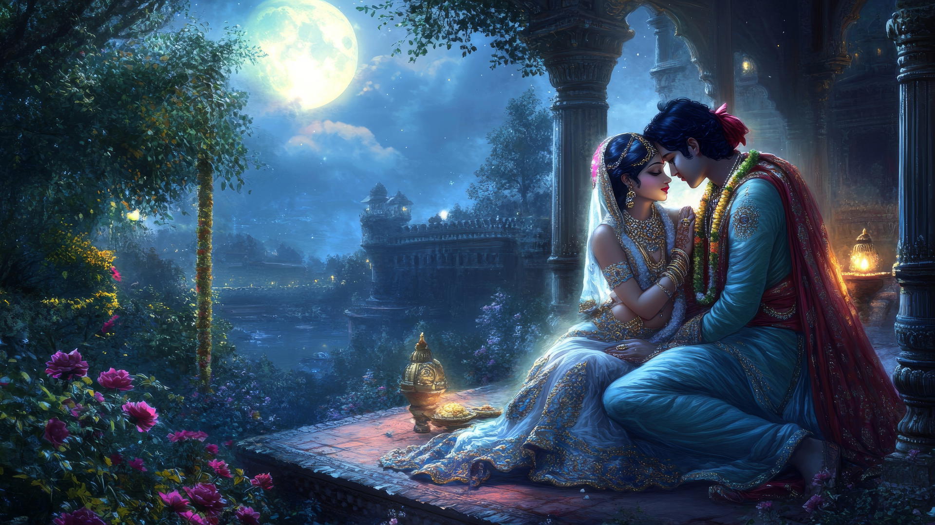 Love romantic Radha Krishna wallpaper HD on a moonlit terrace with intricate attire