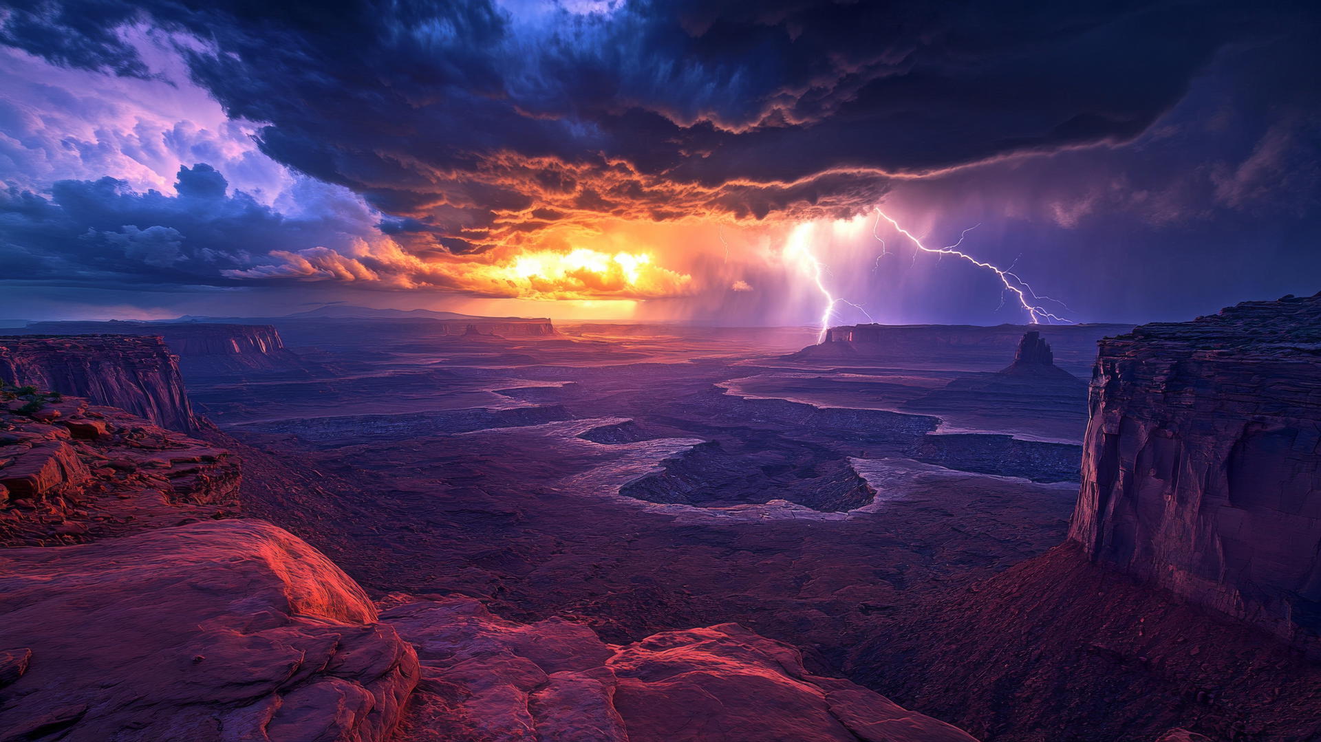 Beautiful nature wallpaper 4K showcasing a thunderstorm over a desert landscape.