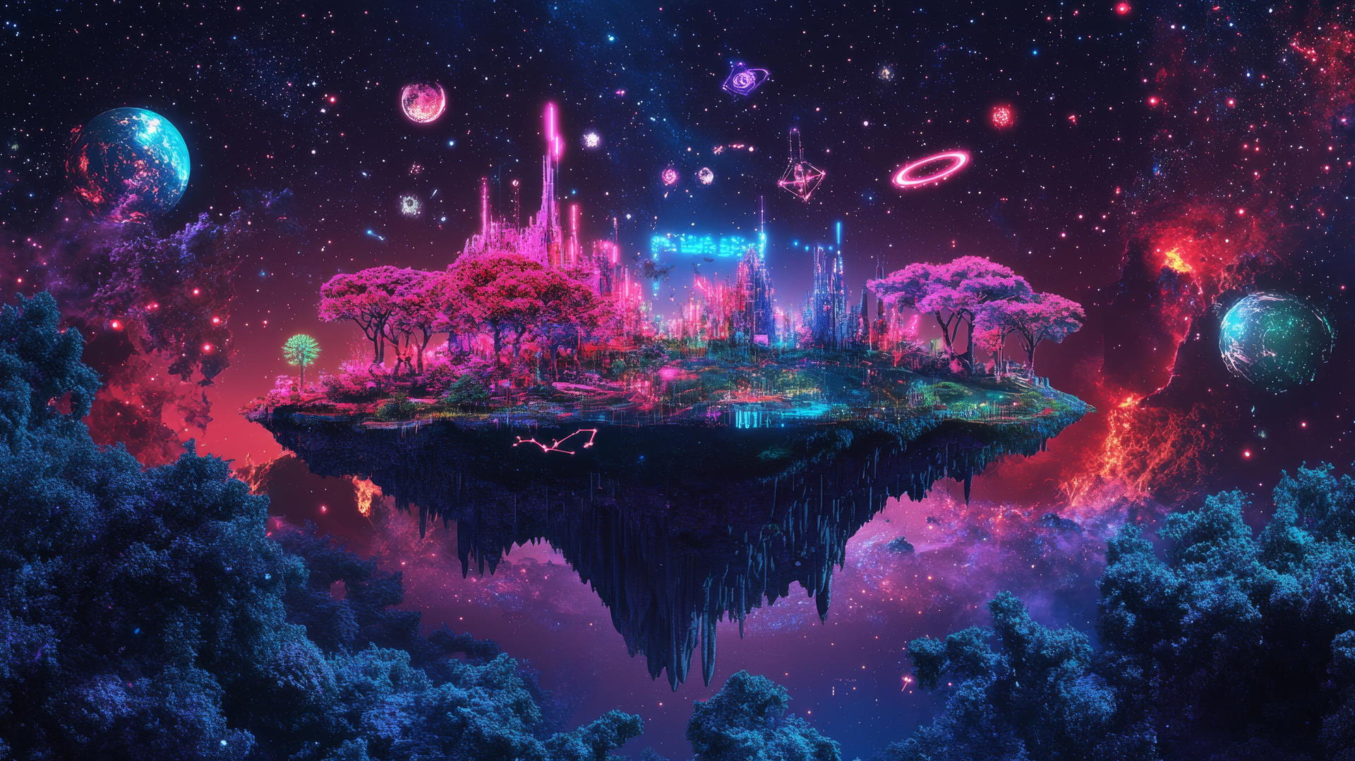 A Y2K star wallpaper with a floating digital island, neon trees, pixelated animals, and holographic constellations.