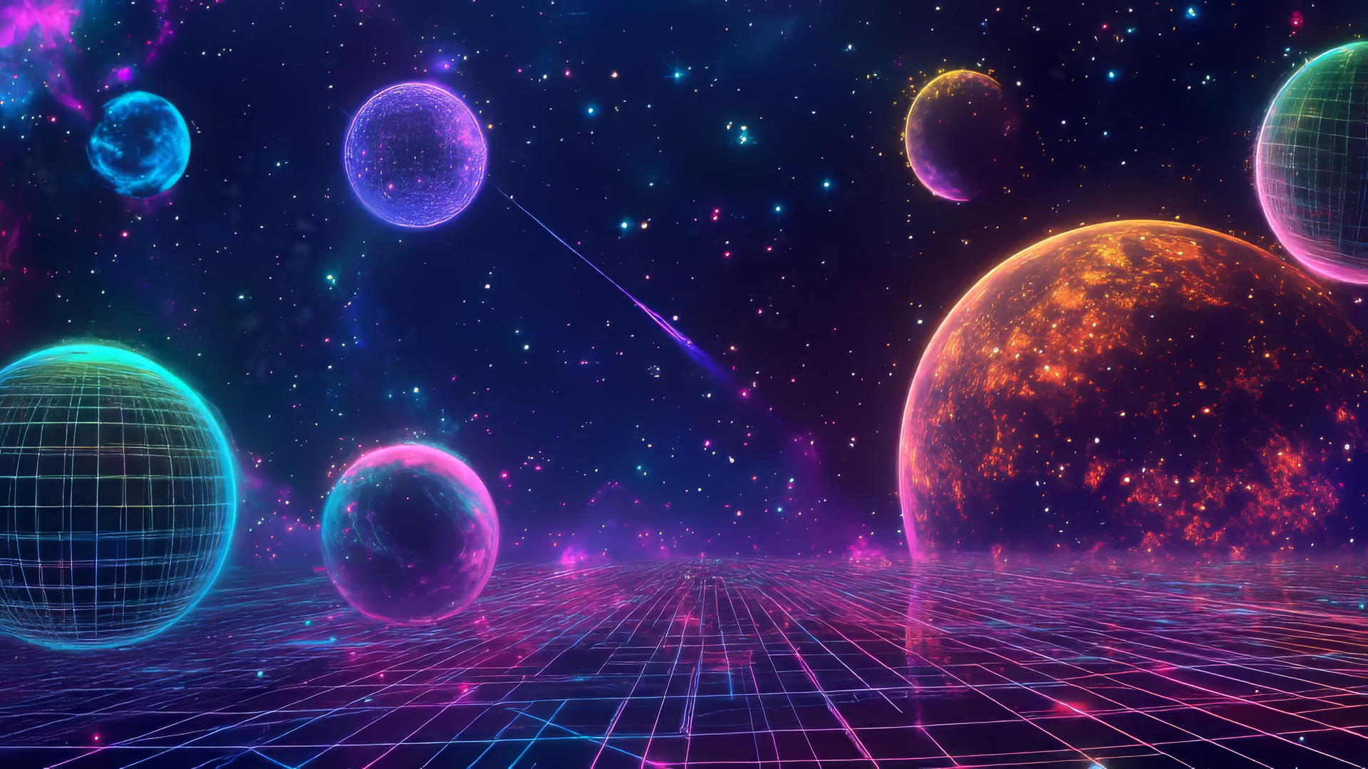 Y2K aesthetic wallpaper with cosmic neon stars and pixelated planets