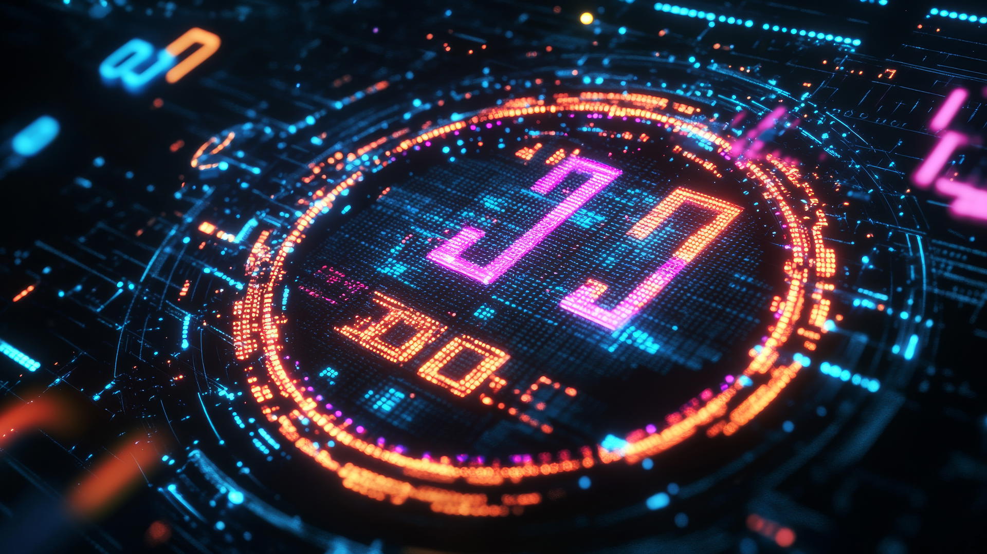 Y2K wallpaper black with neon digital clock and binary code