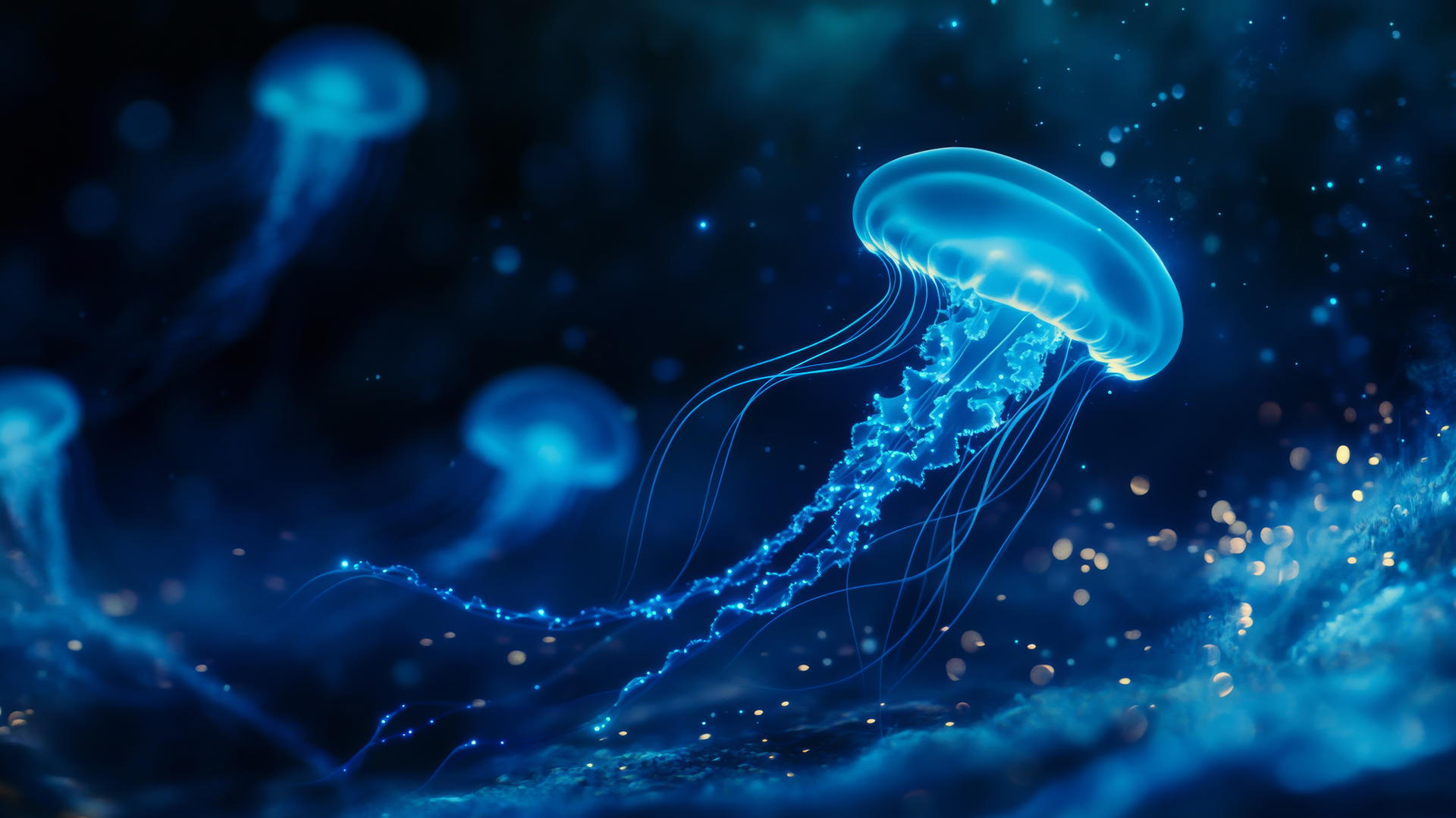 blue wallpaper aesthetic with glowing jellyfish underwater
