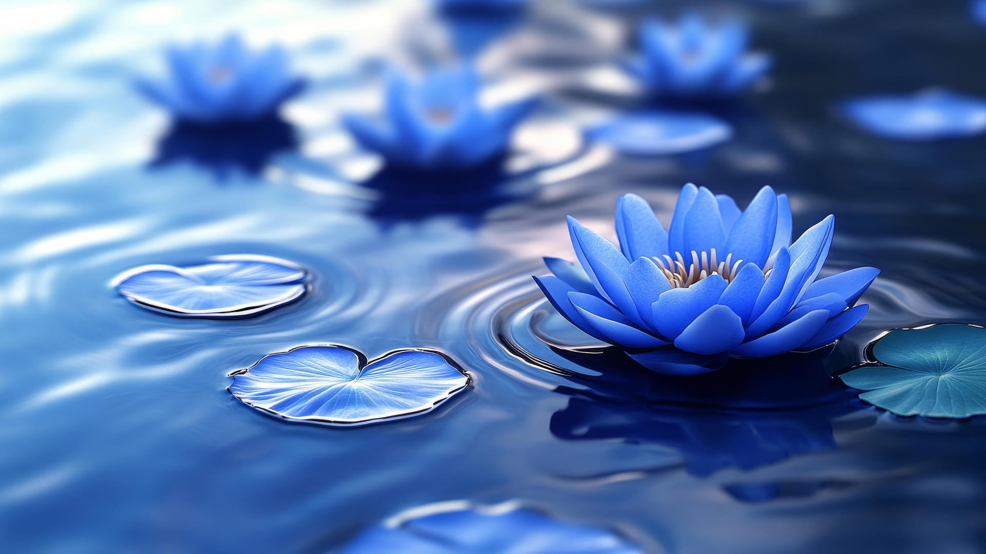 blue flower wallpaper with floating blue lotus petals on calm water