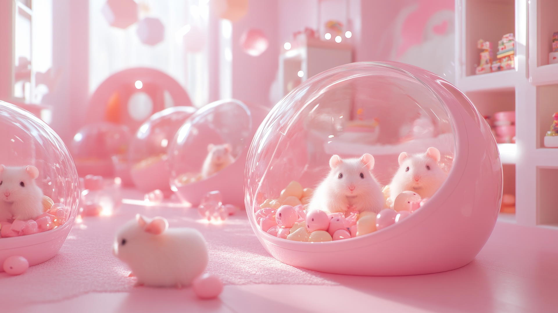 cute pink wallpaper with hamsters in hamster balls in a pink playroom