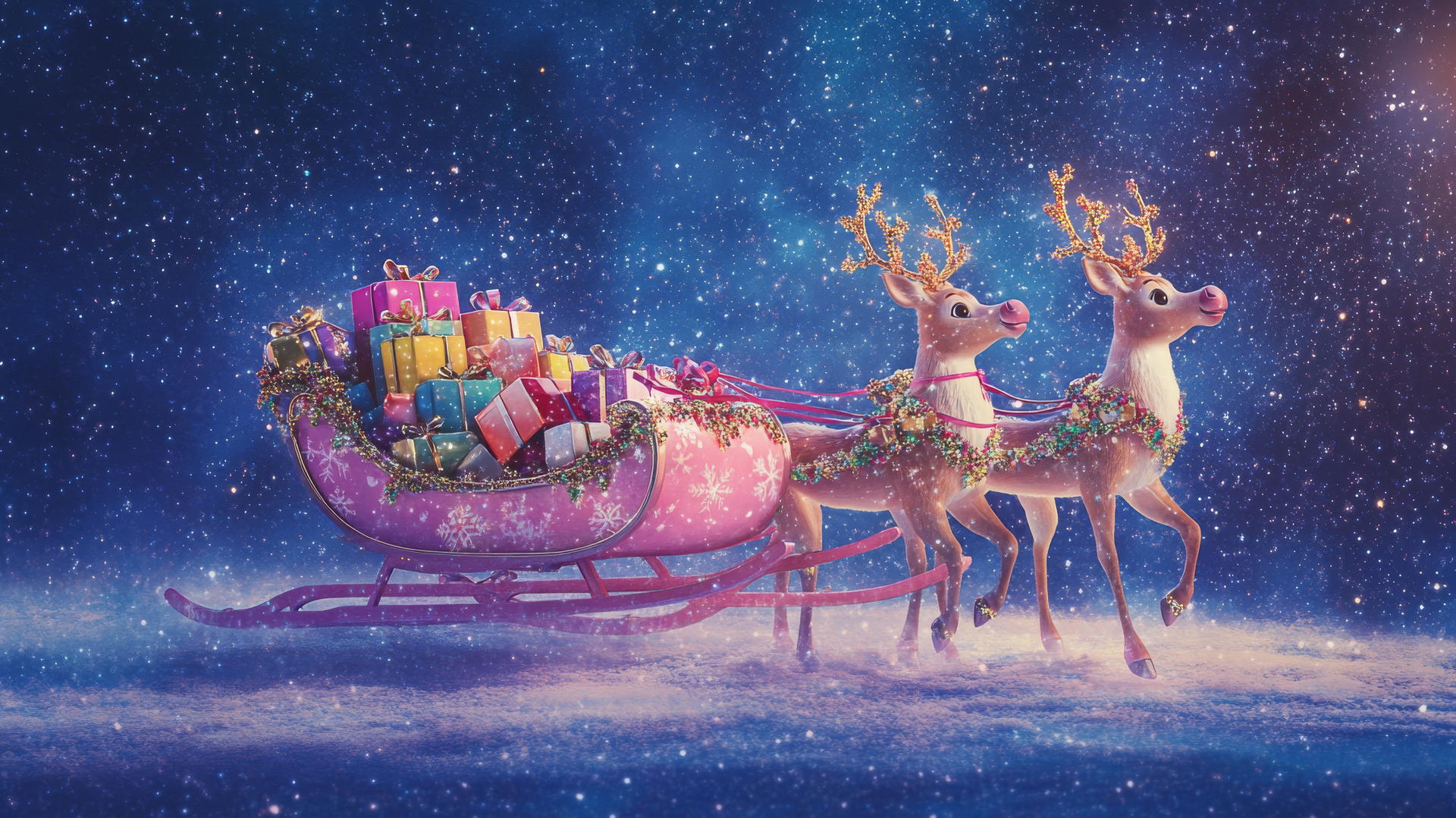 girly cute Christmas wallpaper with pink sleigh and reindeer
