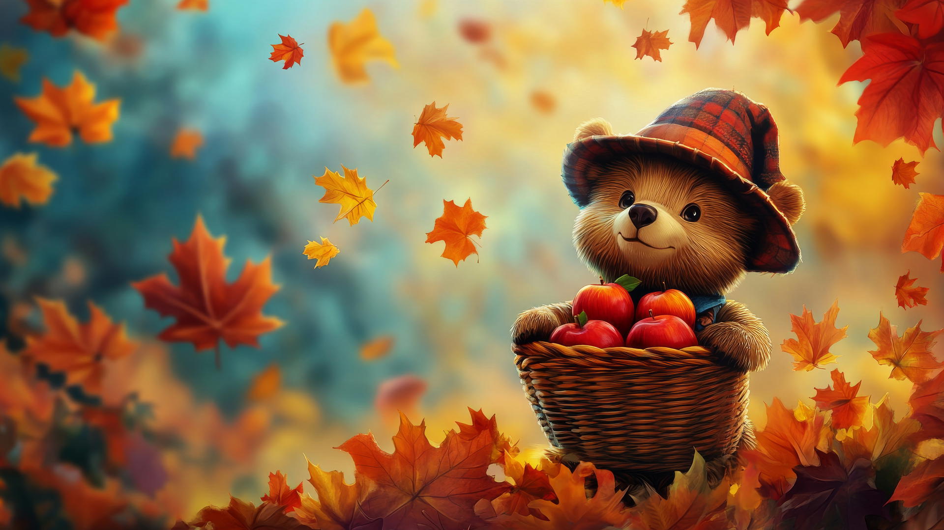 thanksgiving wallpaper cute scene with cartoon bear wearing pilgrim hat and holding basket of apples, surrounded by colorful falling leaves