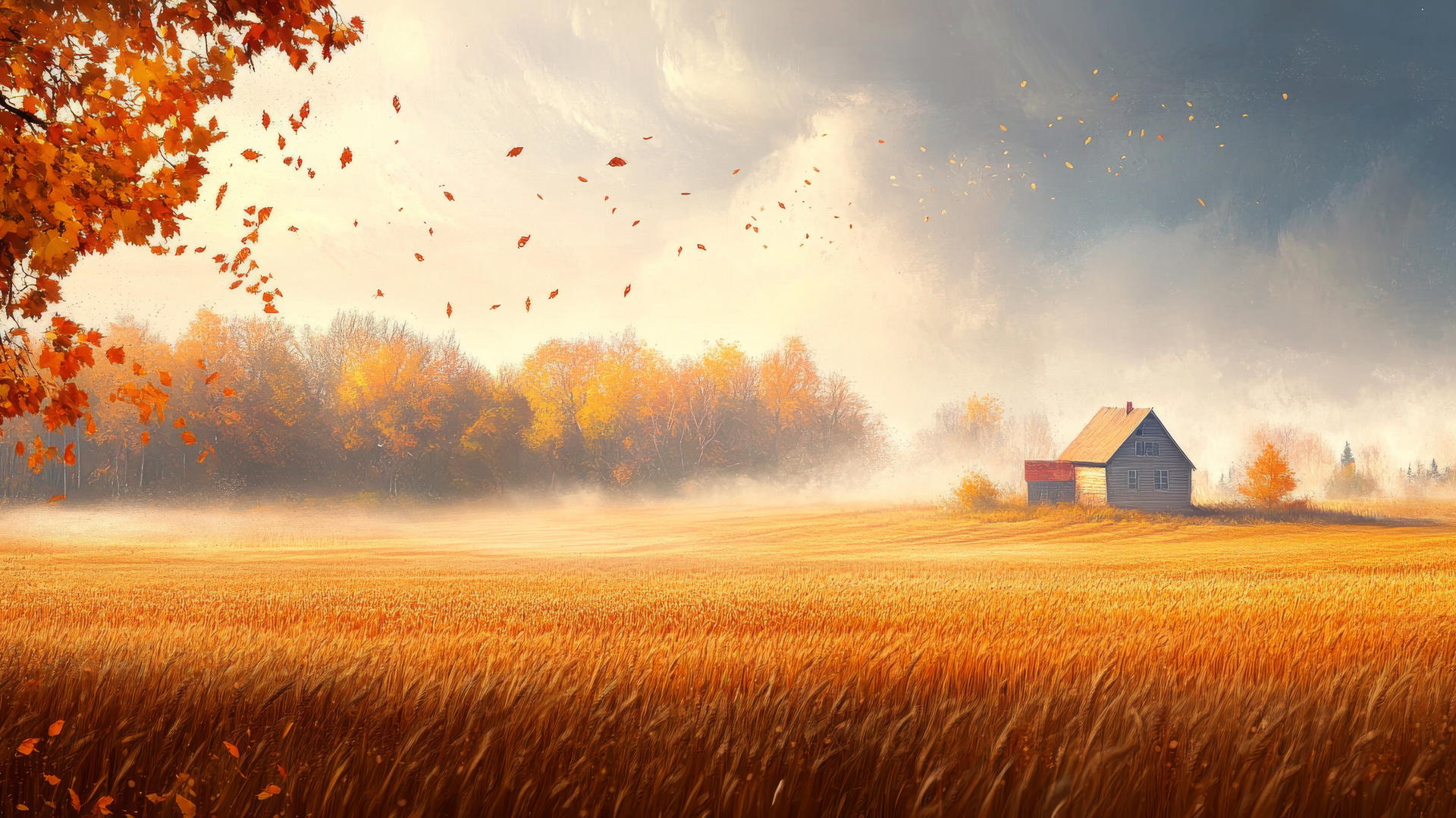 aesthetic thanksgiving wallpaper with a misty autumn morning landscape