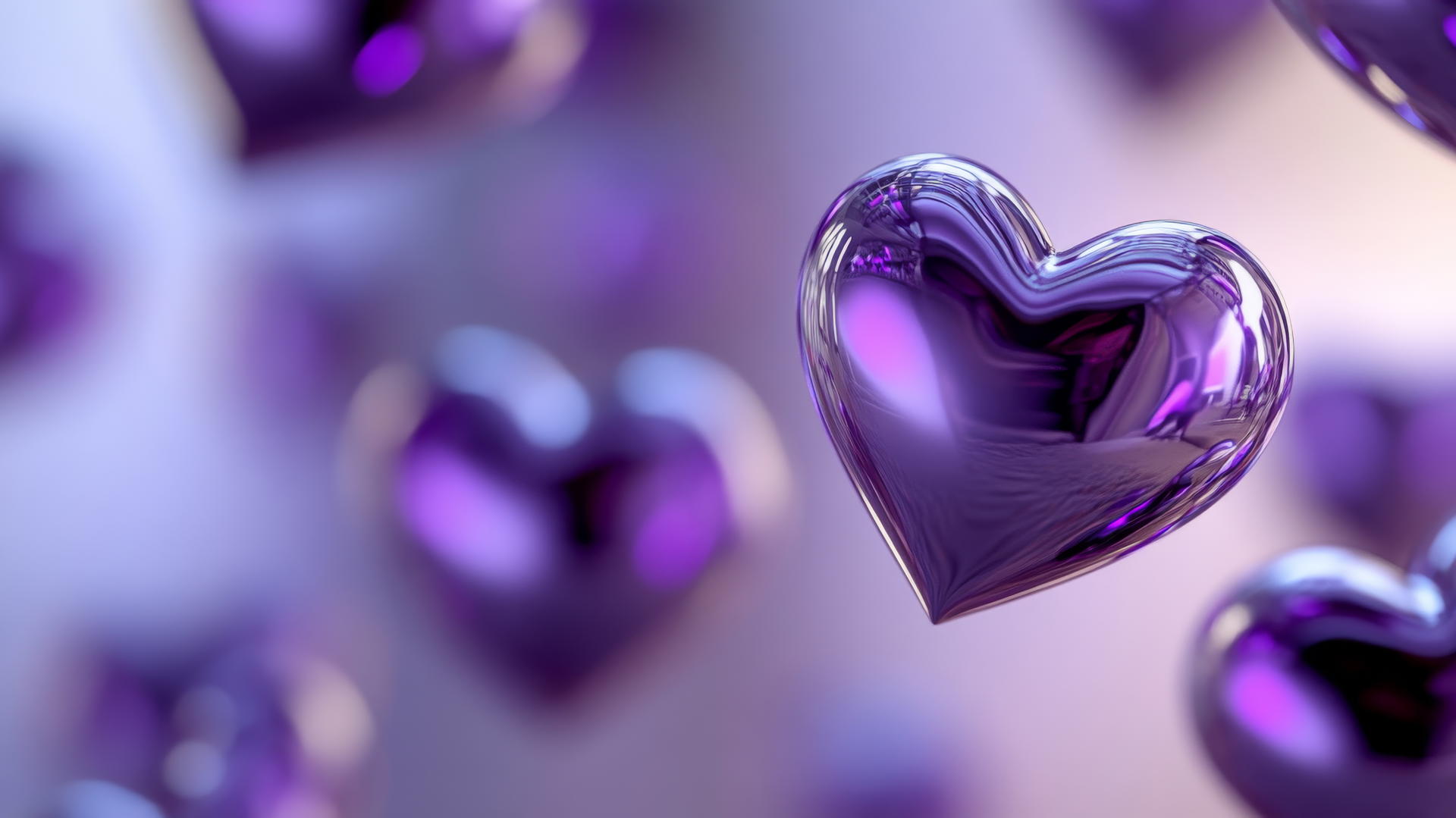 Purple heart wallpaper with metallic purple hearts floating in mid-air, futuristic look