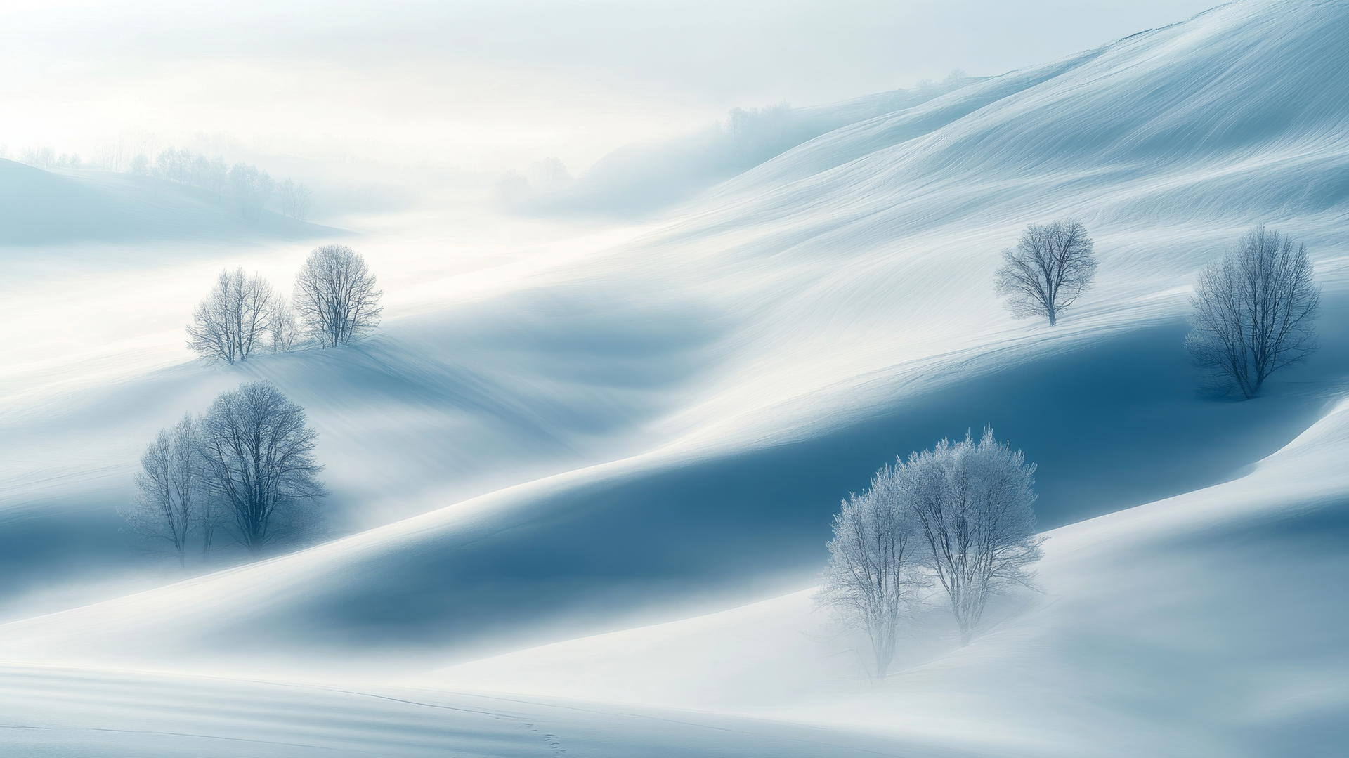 aesthetic winter wallpaper with snow-covered hills and minimalist tree silhouettes