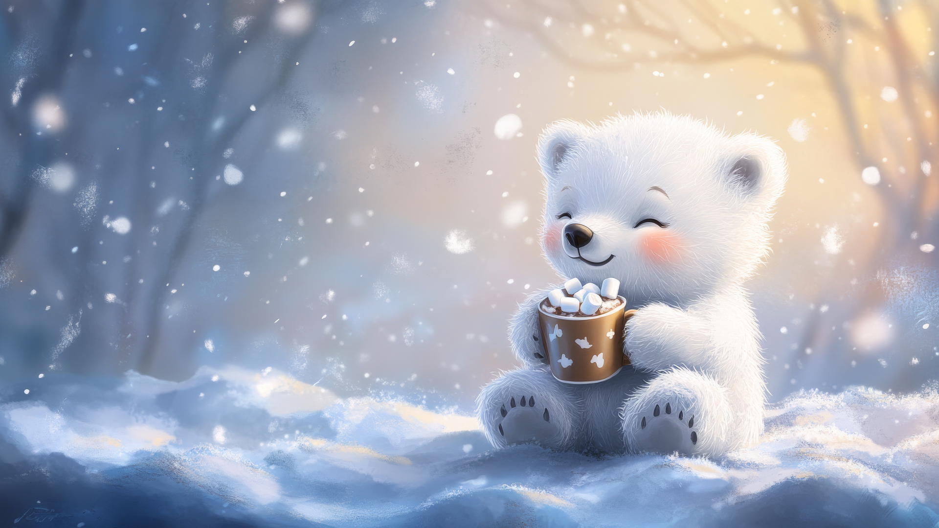Cute winter wallpaper of a chubby polar bear cub holding hot cocoa