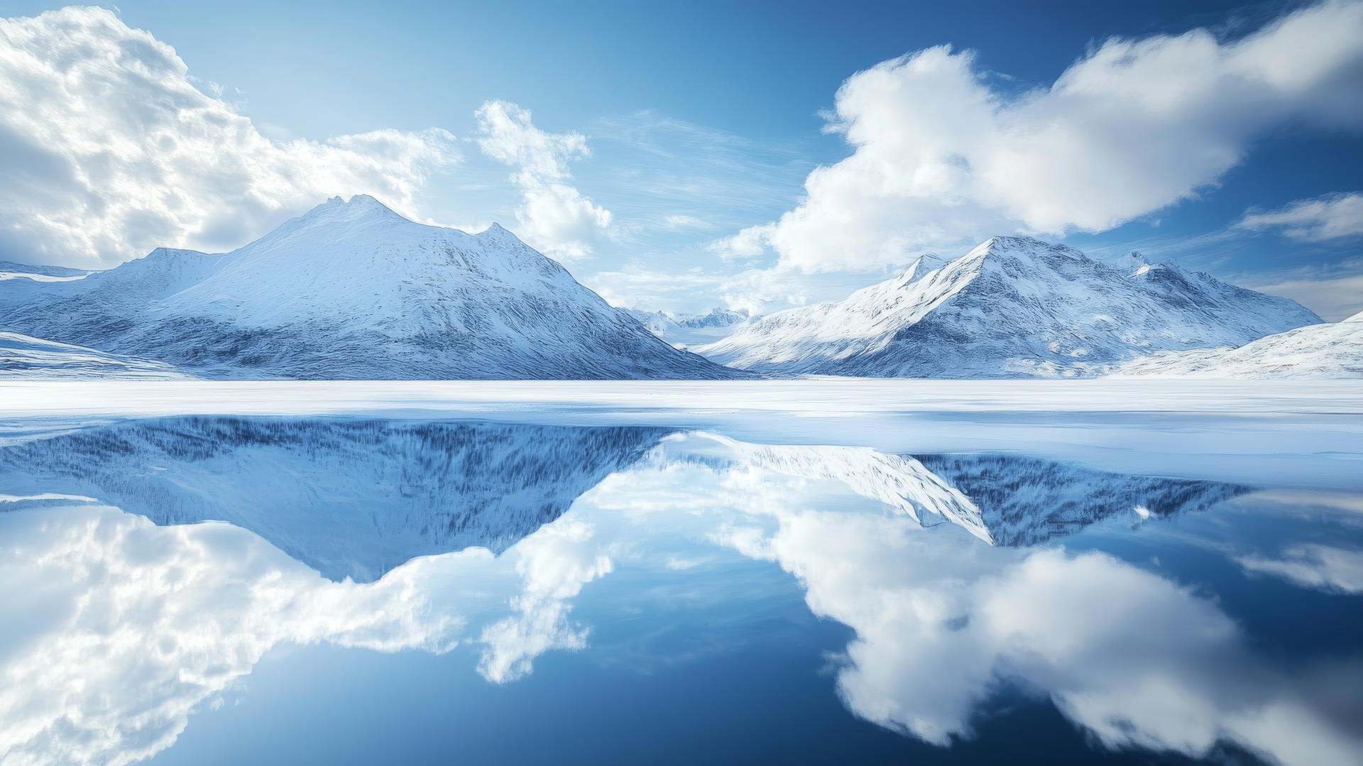 beautiful winter wallpaper of snow-covered mountains reflecting on a frozen lake