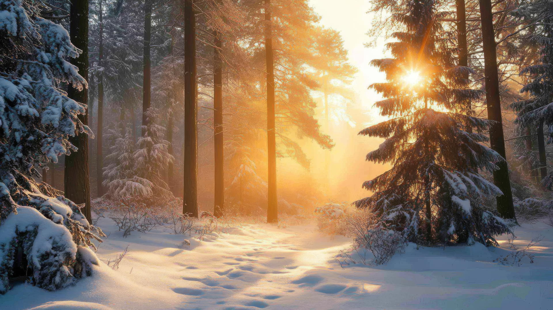 Winter wonderland wallpaper with snow-covered evergreens and misty morning sun