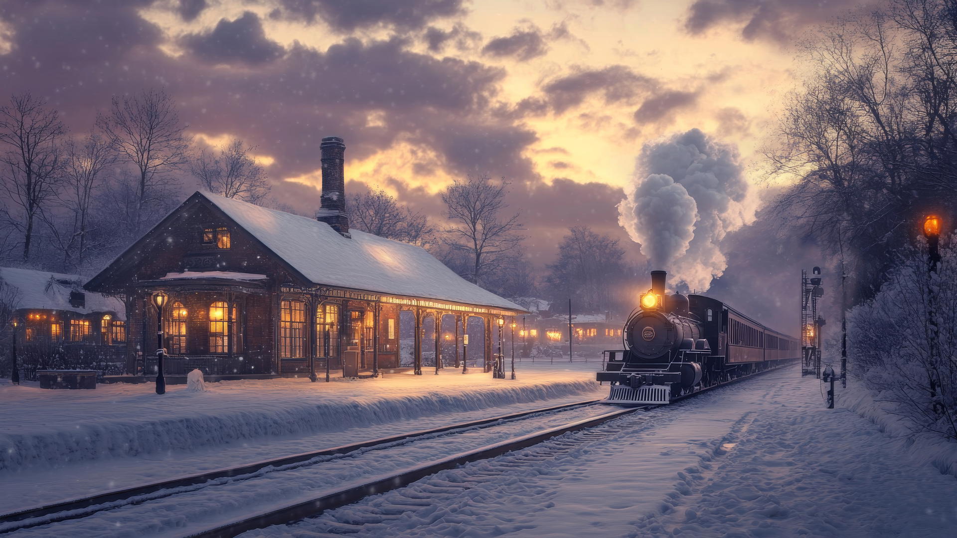 winter background wallpaper with snow-covered train station at dusk and vintage steam train