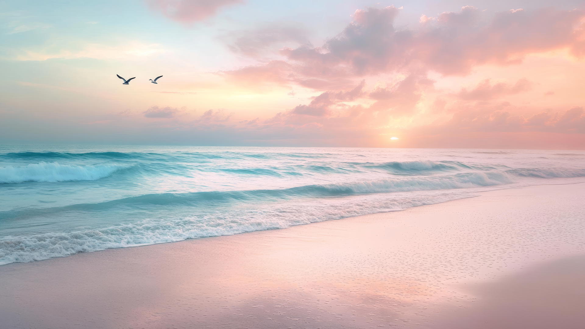 wallpaper beach at sunrise with pastel sky and gentle waves