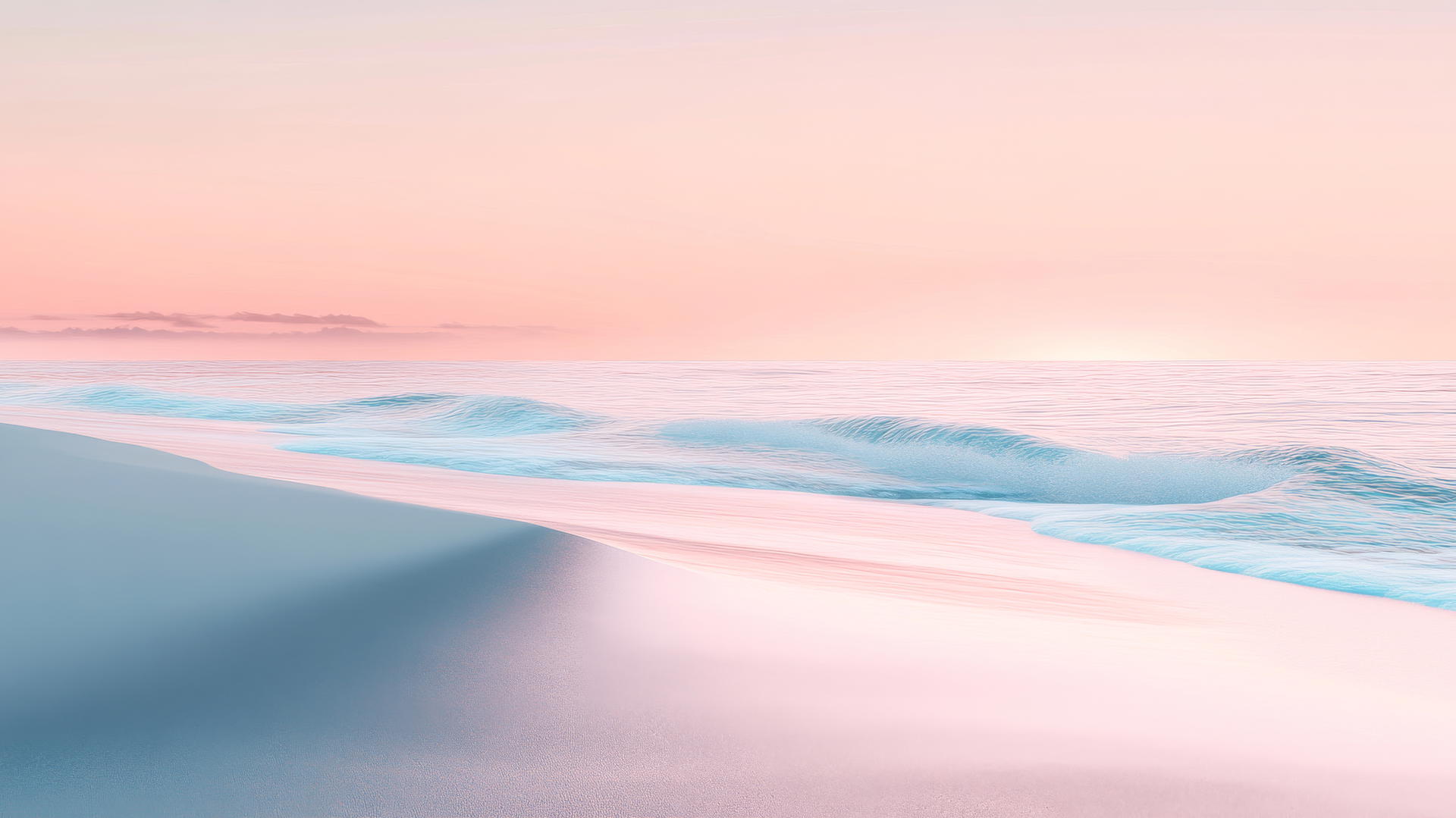 Beach aesthetic wallpaper with smooth sand, gentle waves, and soft sunset lighting