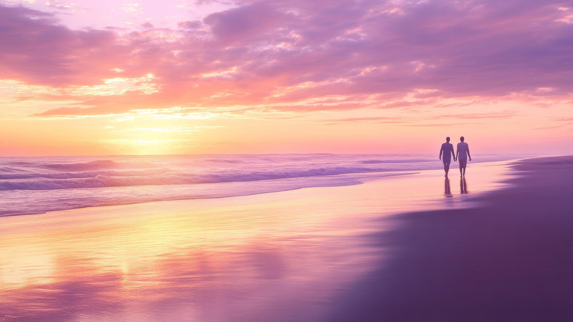 beach sunset wallpaper with pastel skies and couple walking hand in hand