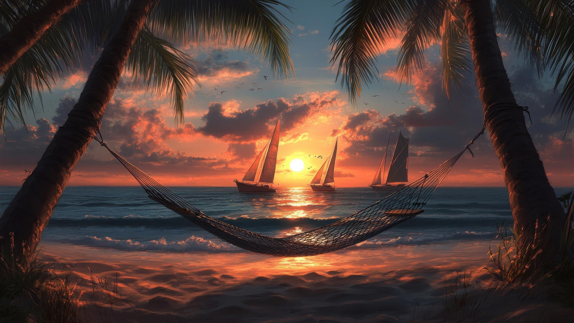 beach theme wallpaper with hammock, palm trees, sailboats under sunset