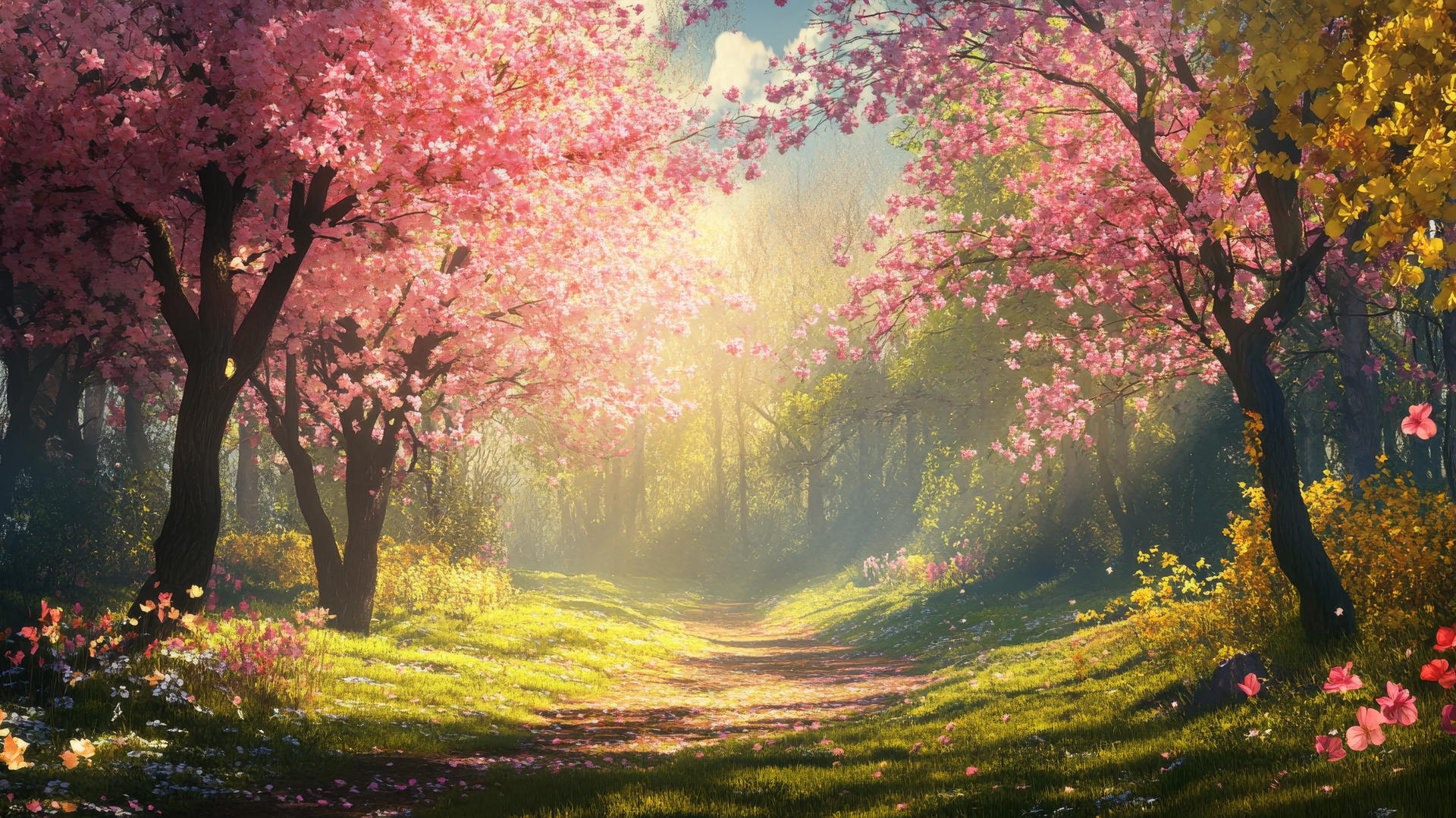 spring wallpaper of a digital forest with blossoming trees