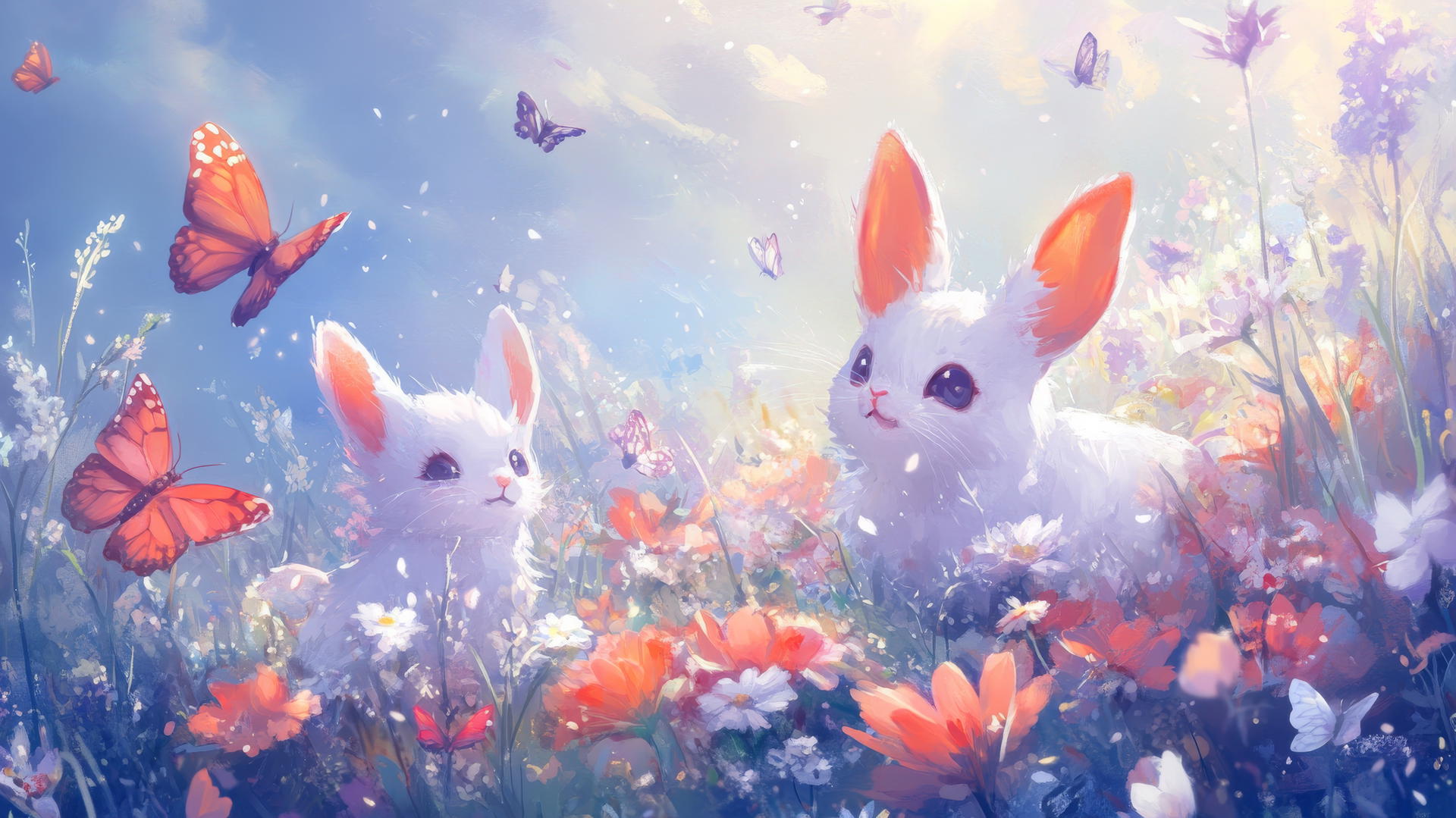 cute spring wallpaper with chibi-style animals in a pastel flower field