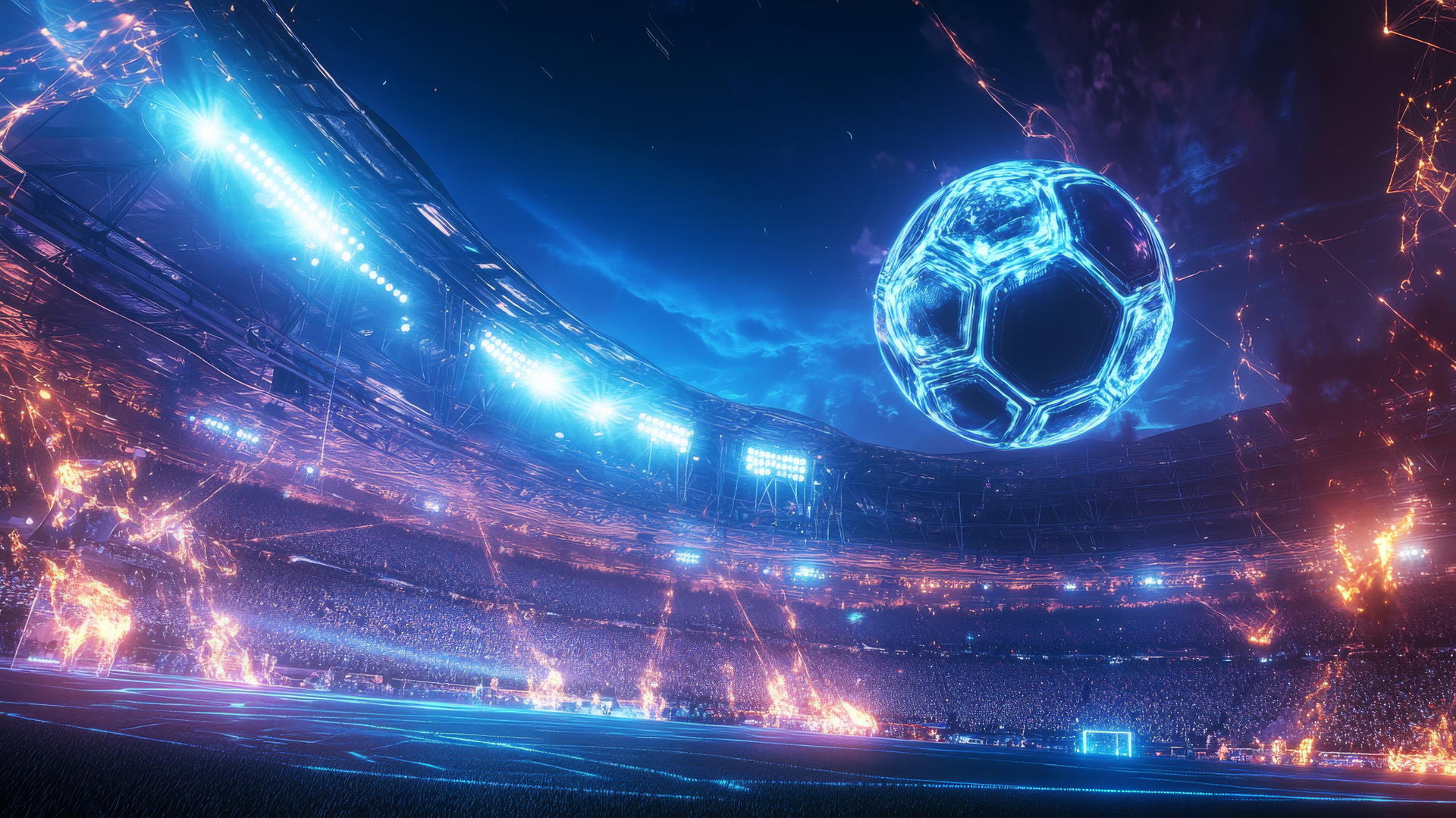 High-tech soccer ball glowing with energy flying towards goalpost in a futuristic stadium, cool wallpapers for boys